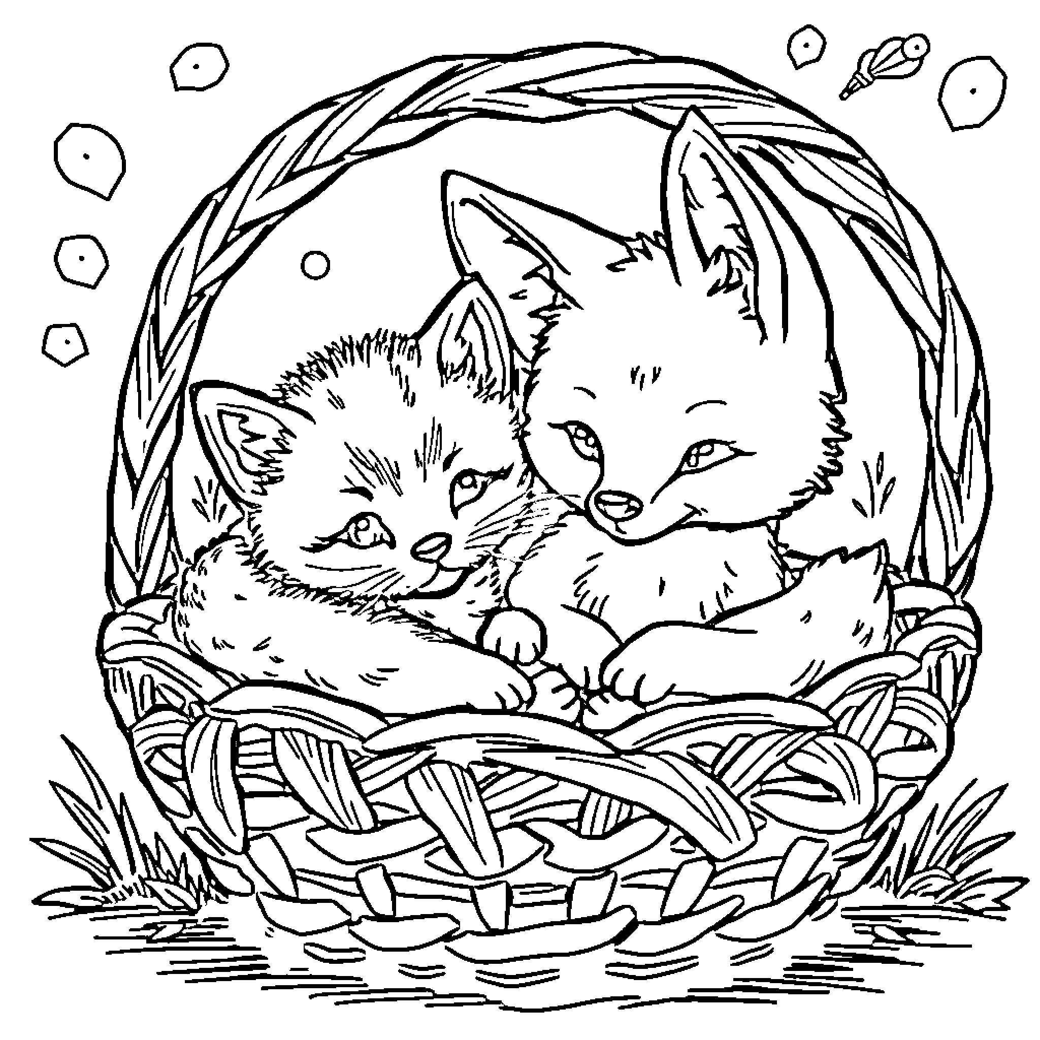 Kittens snuggling in a cozy woven basket Coloring Page (free black-and-white line drawing printable PDF for all, from beginners to advanced learners, including children, teens, adults, and seniors)