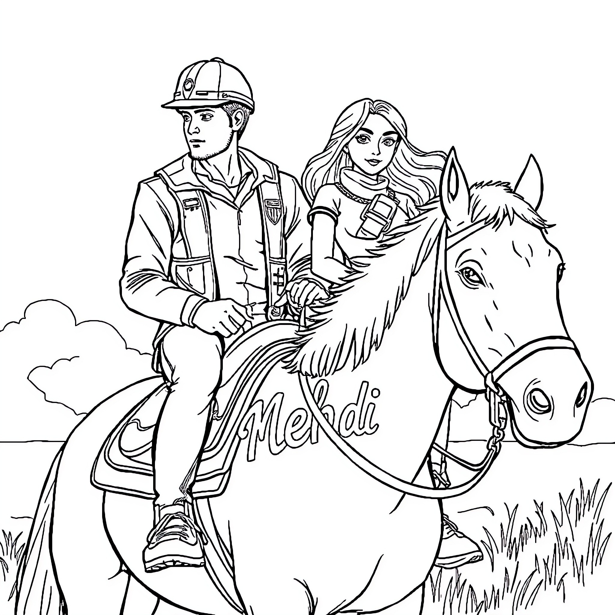 Man and Woman Riding Horses in Outdoor Setting Coloring Page (free black-and-white line drawing printable PDF for all, from beginners to advanced learners, including children, teens, adults, and seniors)