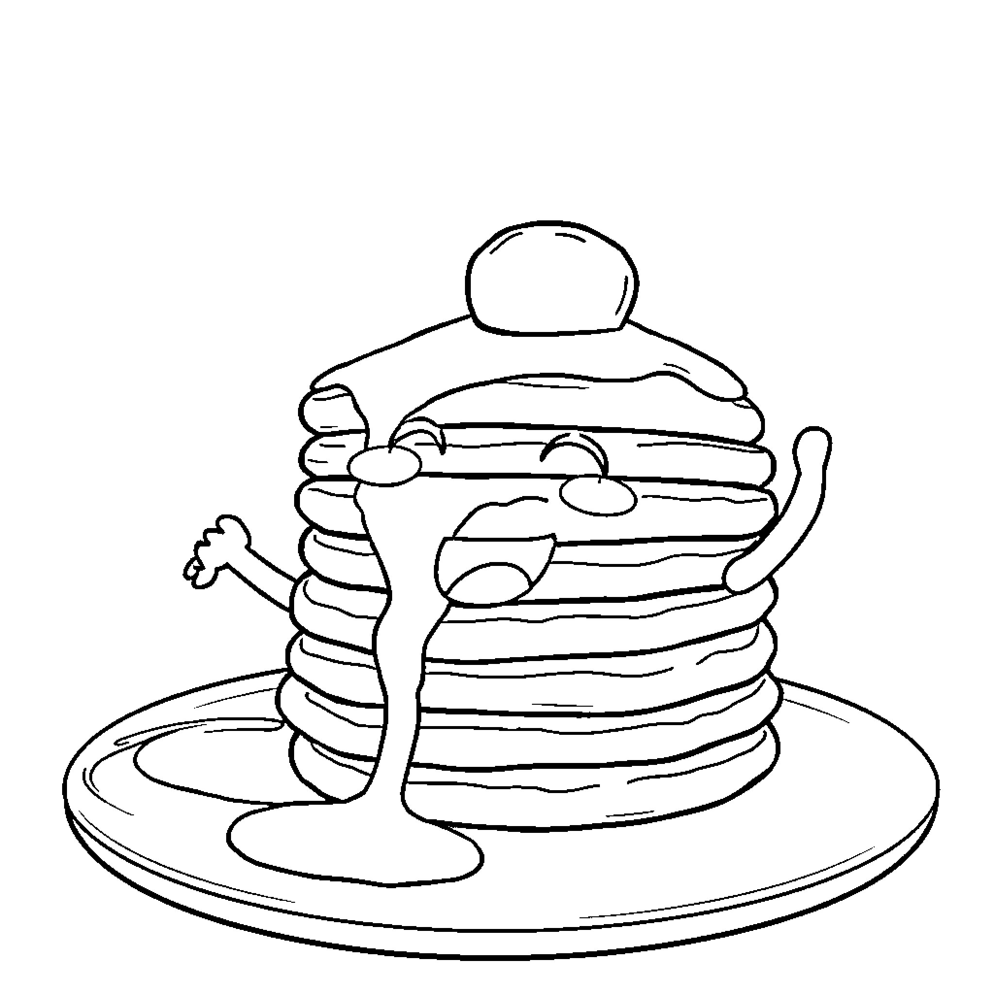 Mini Pekka enjoying a stack of pancakes Coloring Page (free black-and-white line drawing printable PDF for all, from beginners to advanced learners, including children, teens, adults, and seniors)