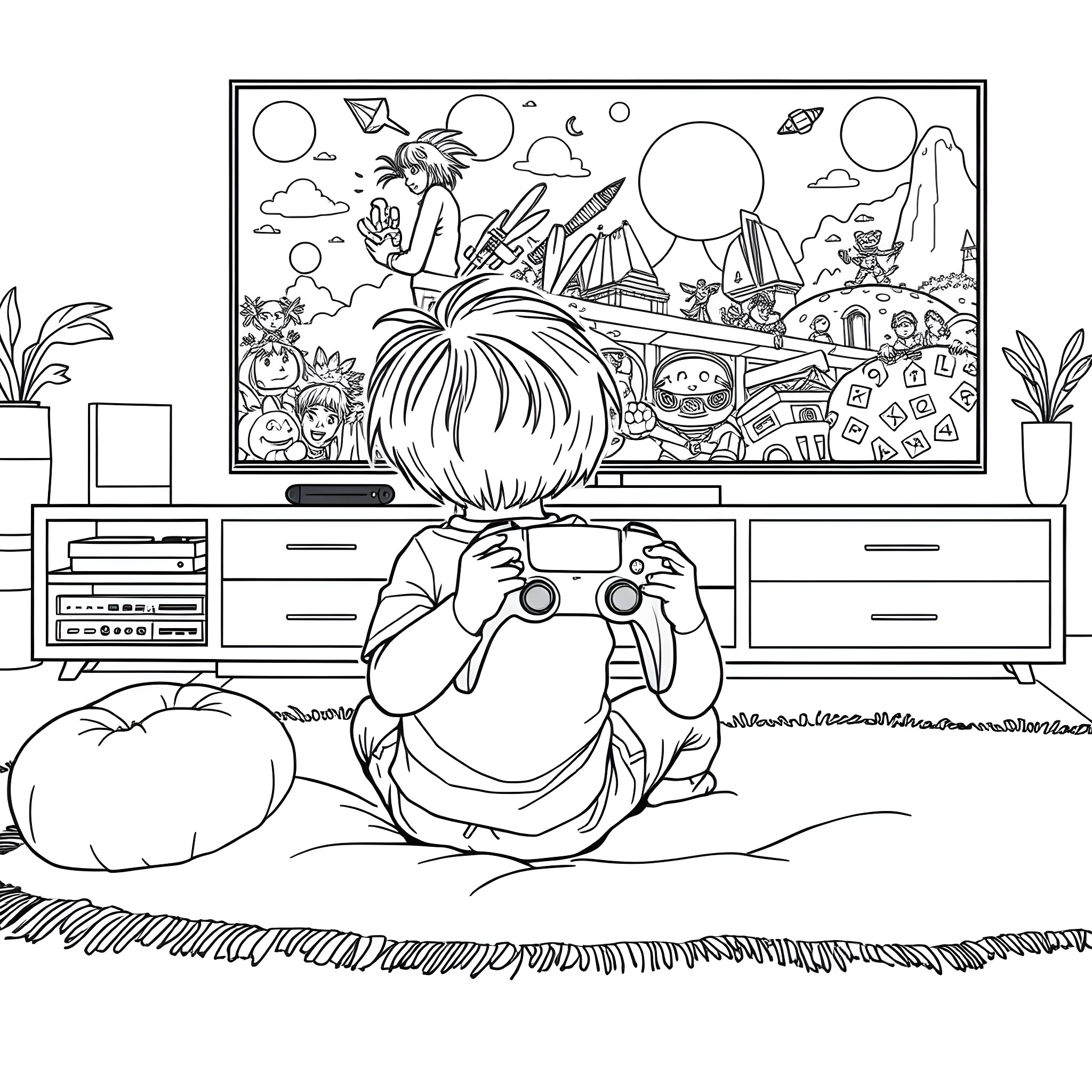 Kid playing video game with colorful fantasy scenery Coloring Page (free black-and-white line drawing printable PDF for all, from beginners to advanced learners, including children, teens, adults, and seniors)