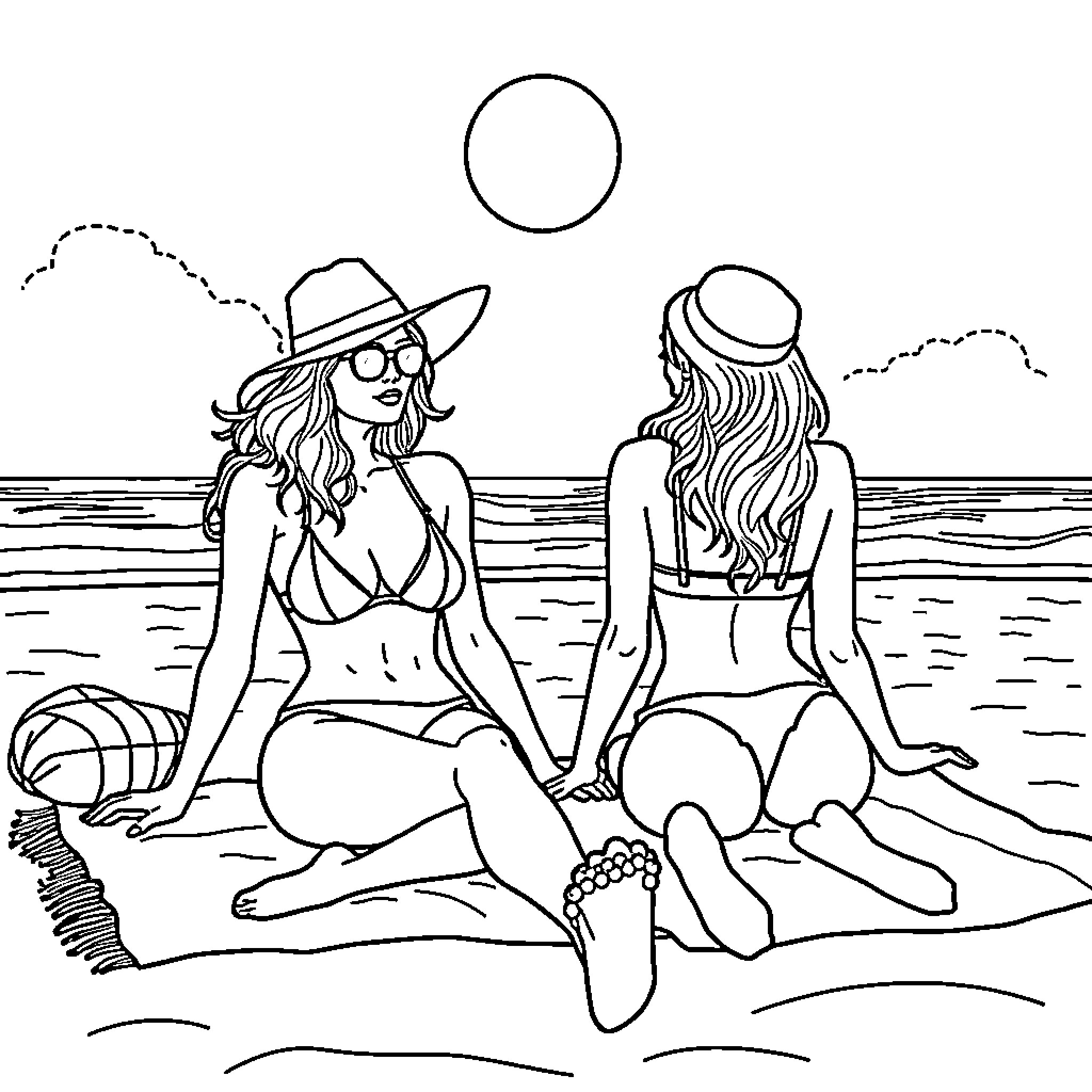 Women enjoying the beach in summer attire Coloring Page (free black-and-white line drawing printable PDF for all, from beginners to advanced learners, including children, teens, adults, and seniors)