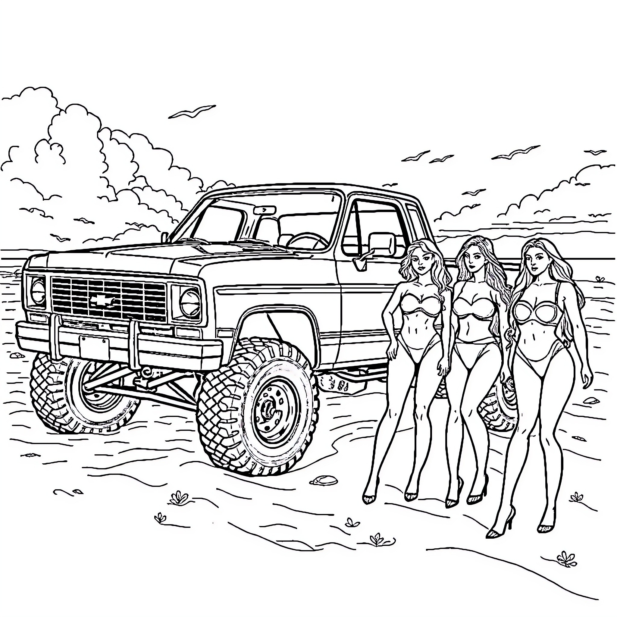 Truck on the beach with figures in the foreground Coloring Page (free black-and-white line drawing printable PDF for all, from beginners to advanced learners, including children, teens, adults, and seniors)