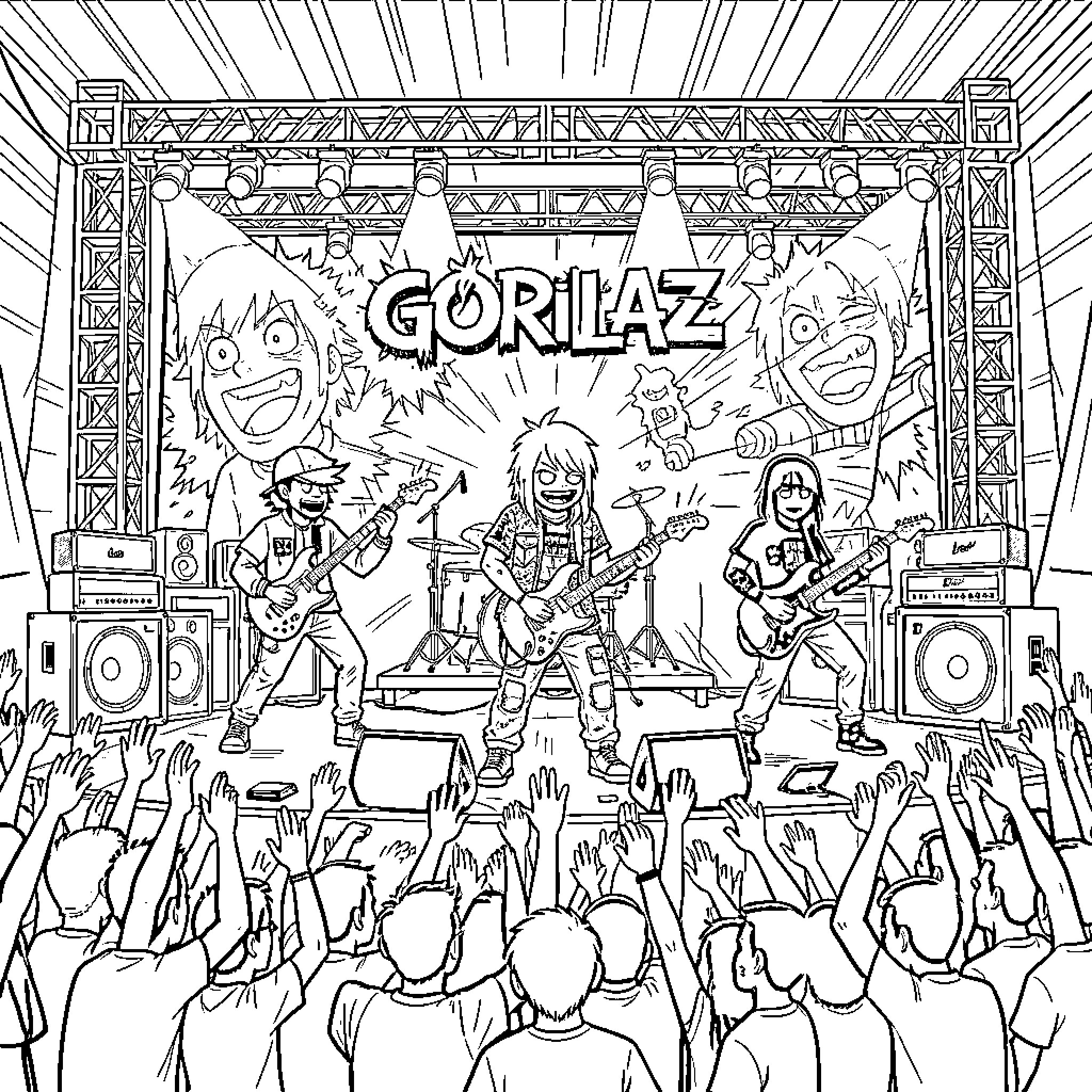 Gorillaz band performing energetically on a concert stage Coloring Page (free black-and-white line drawing printable PDF for all, from beginners to advanced learners, including children, teens, adults, and seniors)