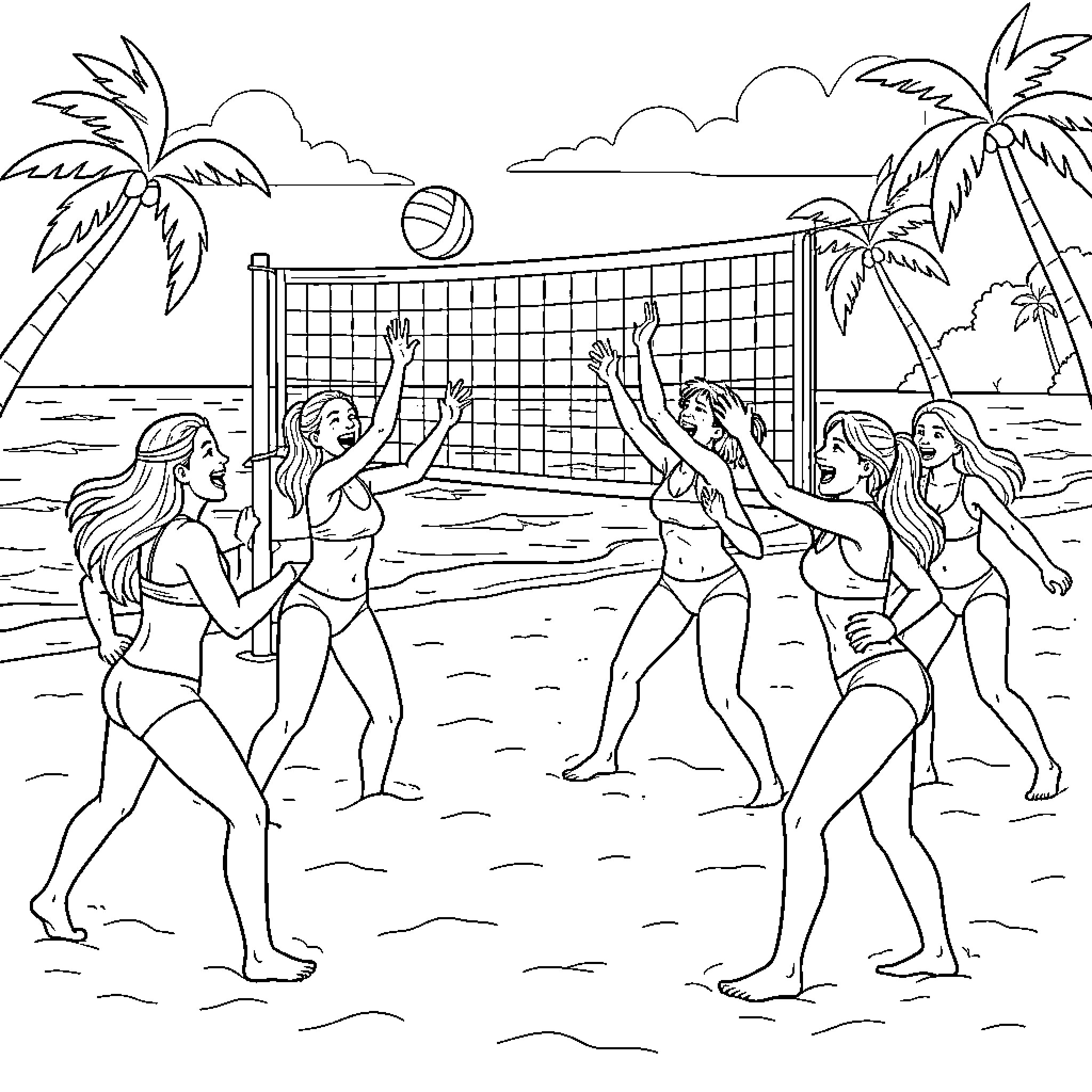 Volleyball players jumping to hit the ball on beach Coloring Page (free black-and-white line drawing printable PDF for all, from beginners to advanced learners, including children, teens, adults, and seniors)