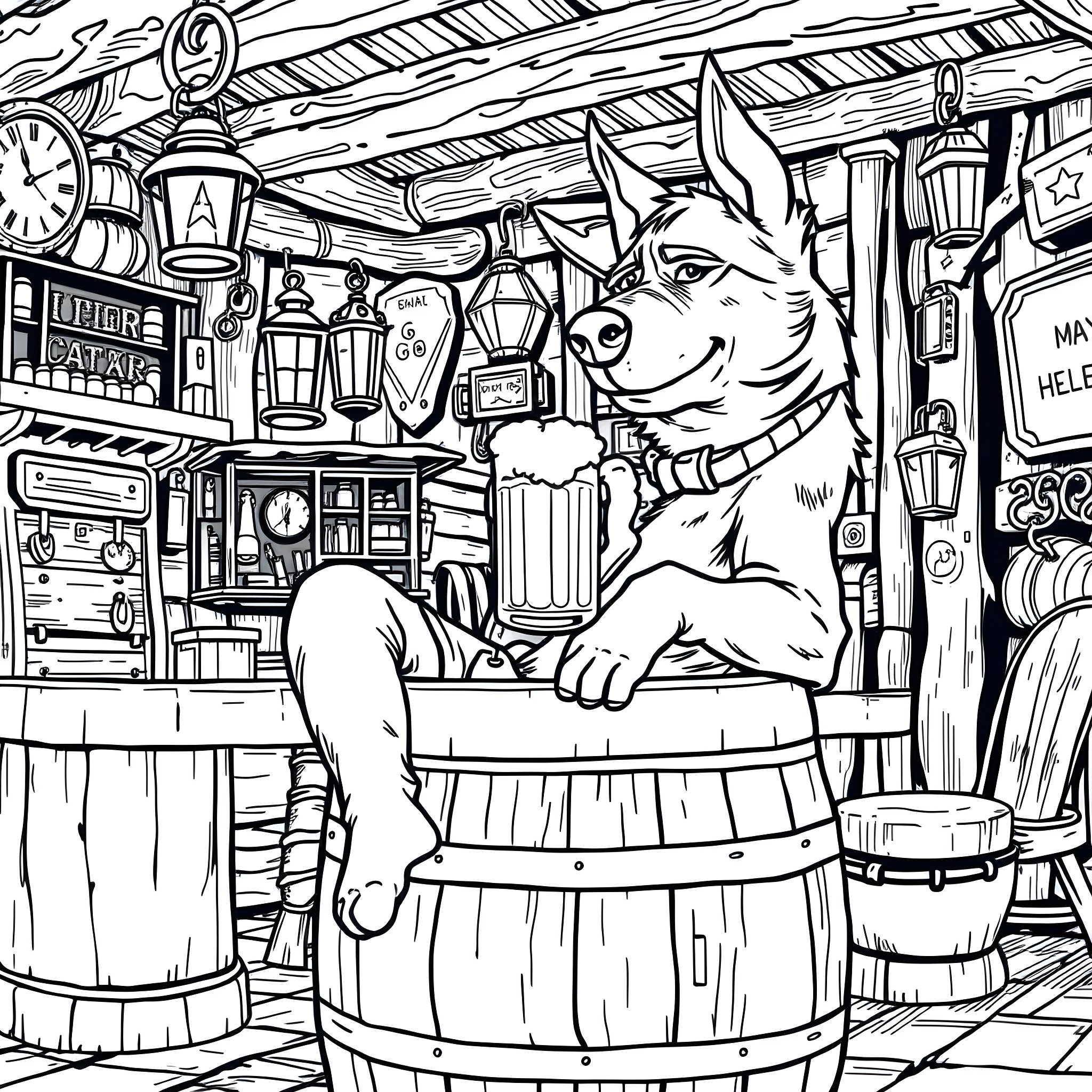 Bandit Heeler in a Saloon Setting Coloring Page (free black-and-white line drawing printable PDF for all, from beginners to advanced learners, including children, teens, adults, and seniors)