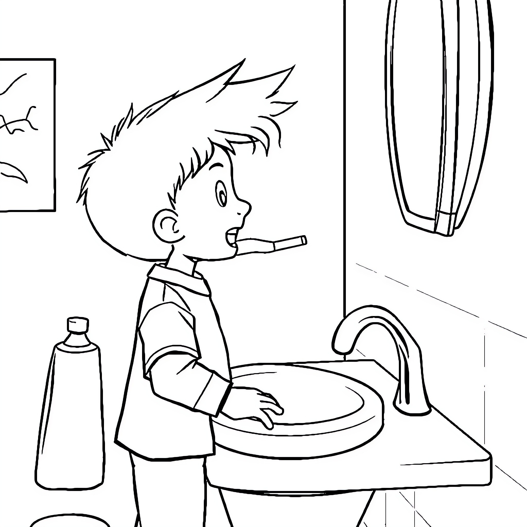 Blake brushing his teeth in the bathroom Coloring Page (free black-and-white line drawing printable PDF for all, from beginners to advanced learners, including children, teens, adults, and seniors)
