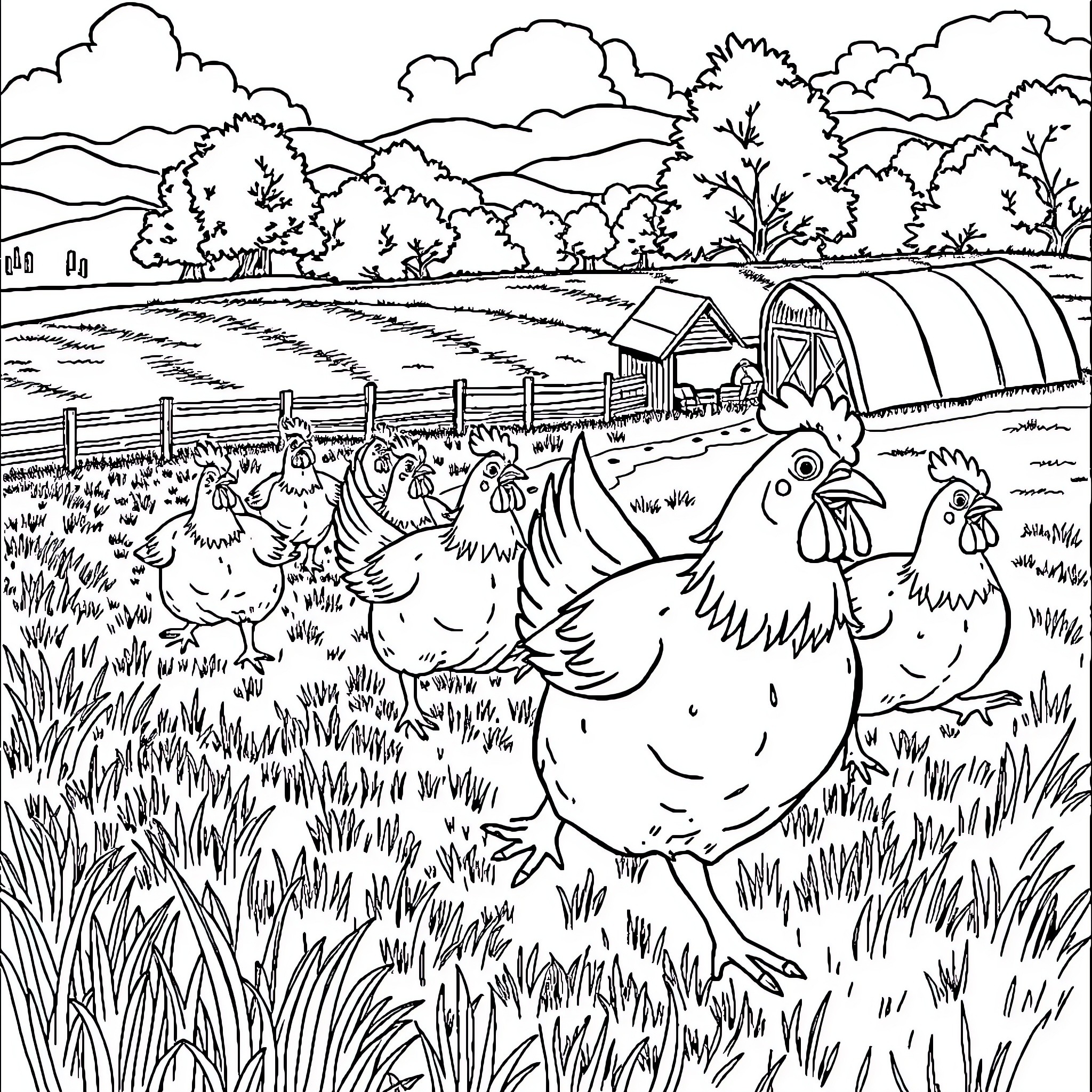 Chicken herd exploring a farm field Coloring Page (free black-and-white line drawing printable PDF for all, from beginners to advanced learners, including children, teens, adults, and seniors)