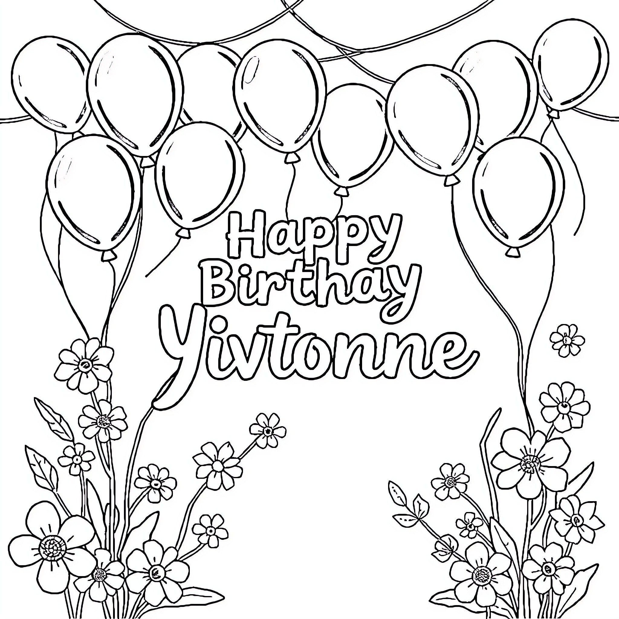 Flower Birthday Balloons and Floral Decorations Coloring Page (free black-and-white line drawing printable PDF for all, from beginners to advanced learners, including children, teens, adults, and seniors)