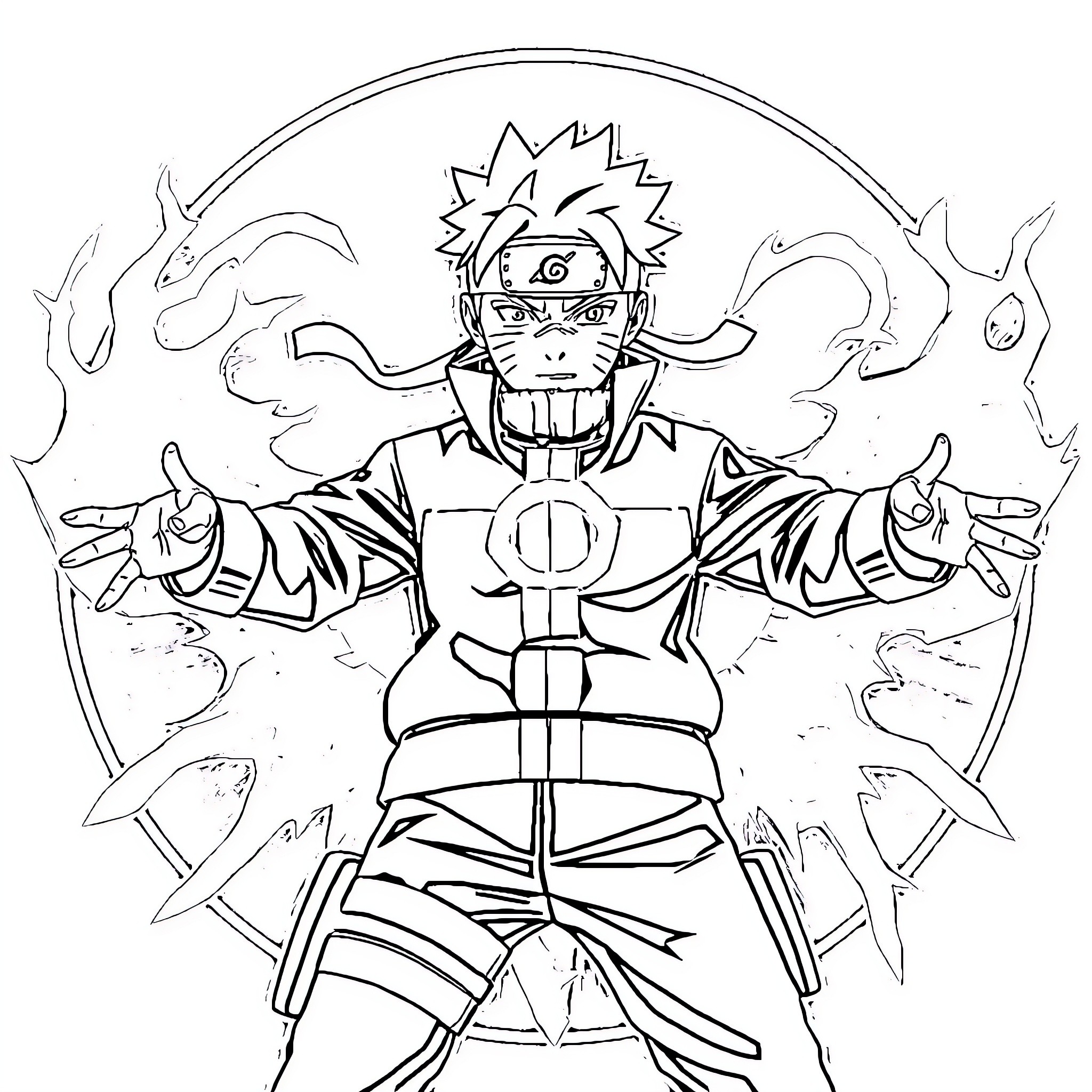 Naruto Unleashing Powerful Ninja Techniques Coloring Page (free black-and-white line drawing printable PDF for all, from beginners to advanced learners, including children, teens, adults, and seniors)