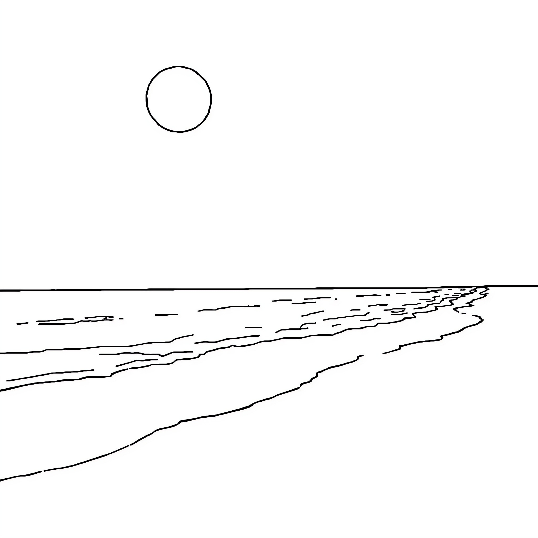 Beach scene with horizon line Coloring Page (free black-and-white line drawing printable PDF for all, from beginners to advanced learners, including children, teens, adults, and seniors)
