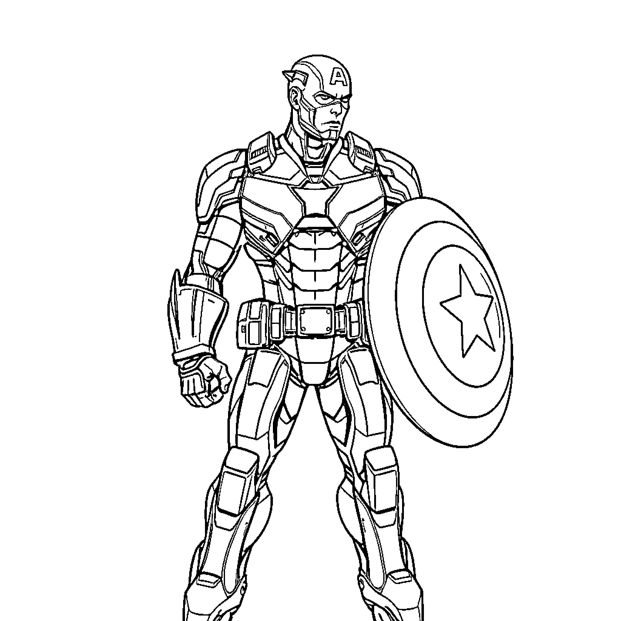 Captain America in Futuristic Armor and Shield Coloring Page (free black-and-white line drawing printable PDF for all, from beginners to advanced learners, including children, teens, adults, and seniors)