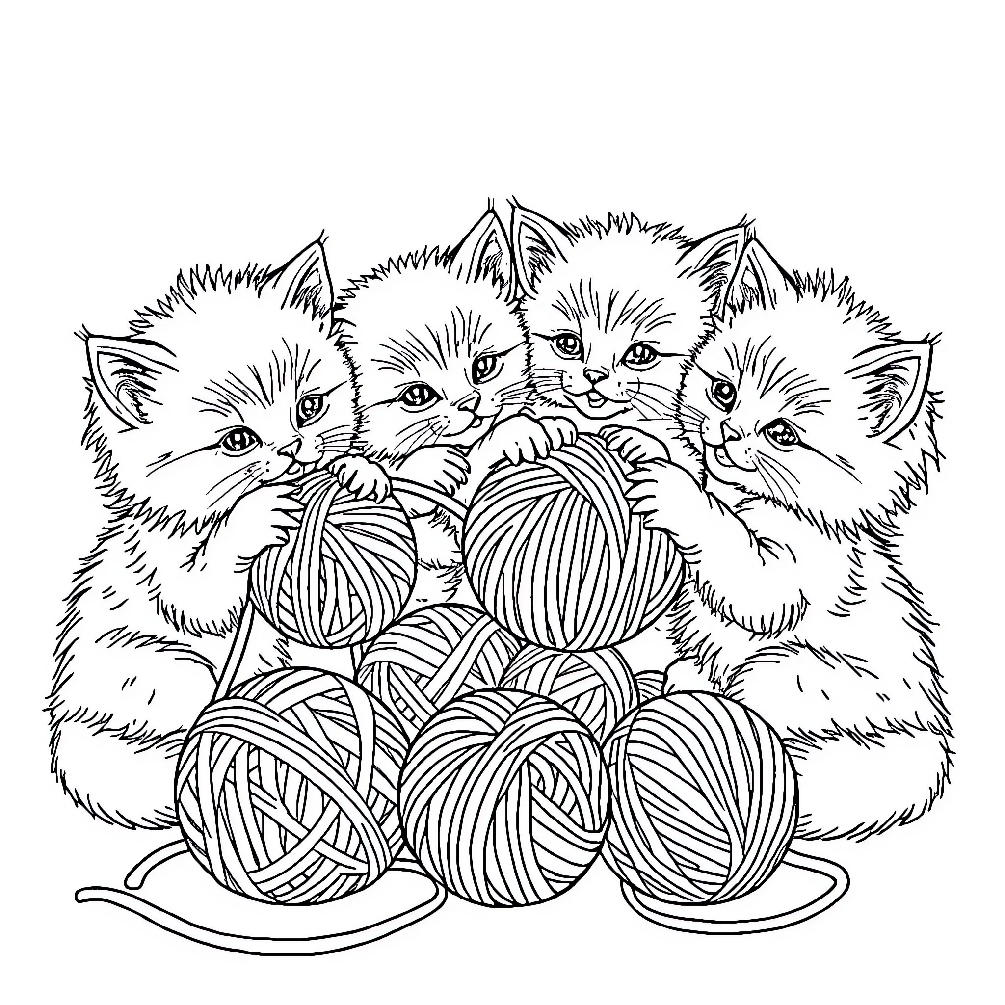Kittens playing with yarn balls Coloring Page (free black-and-white line drawing printable PDF for all, from beginners to advanced learners, including children, teens, adults, and seniors)