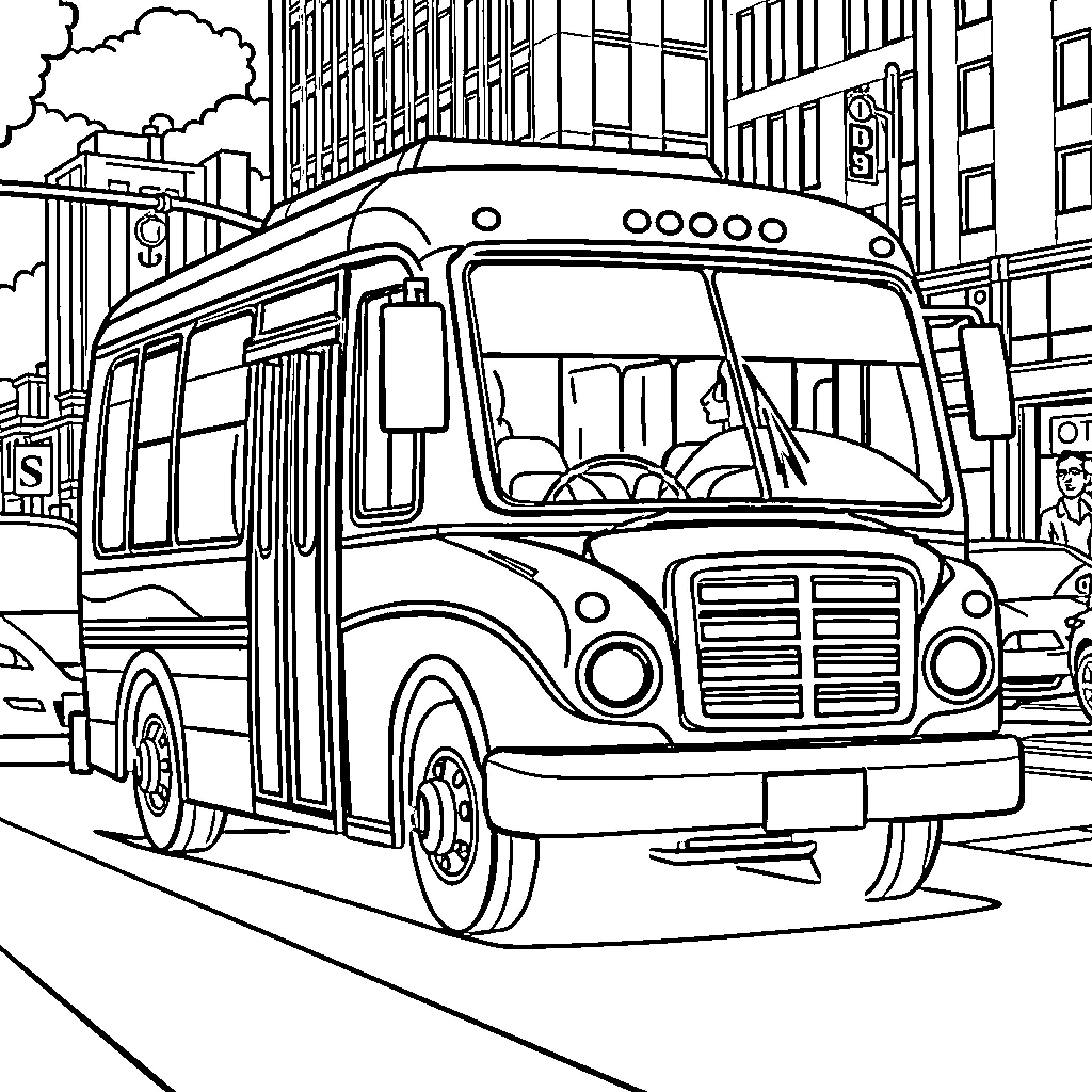Mini Bus Transporting Passengers in the City Coloring Page (free black-and-white line drawing printable PDF for all, from beginners to advanced learners, including children, teens, adults, and seniors)