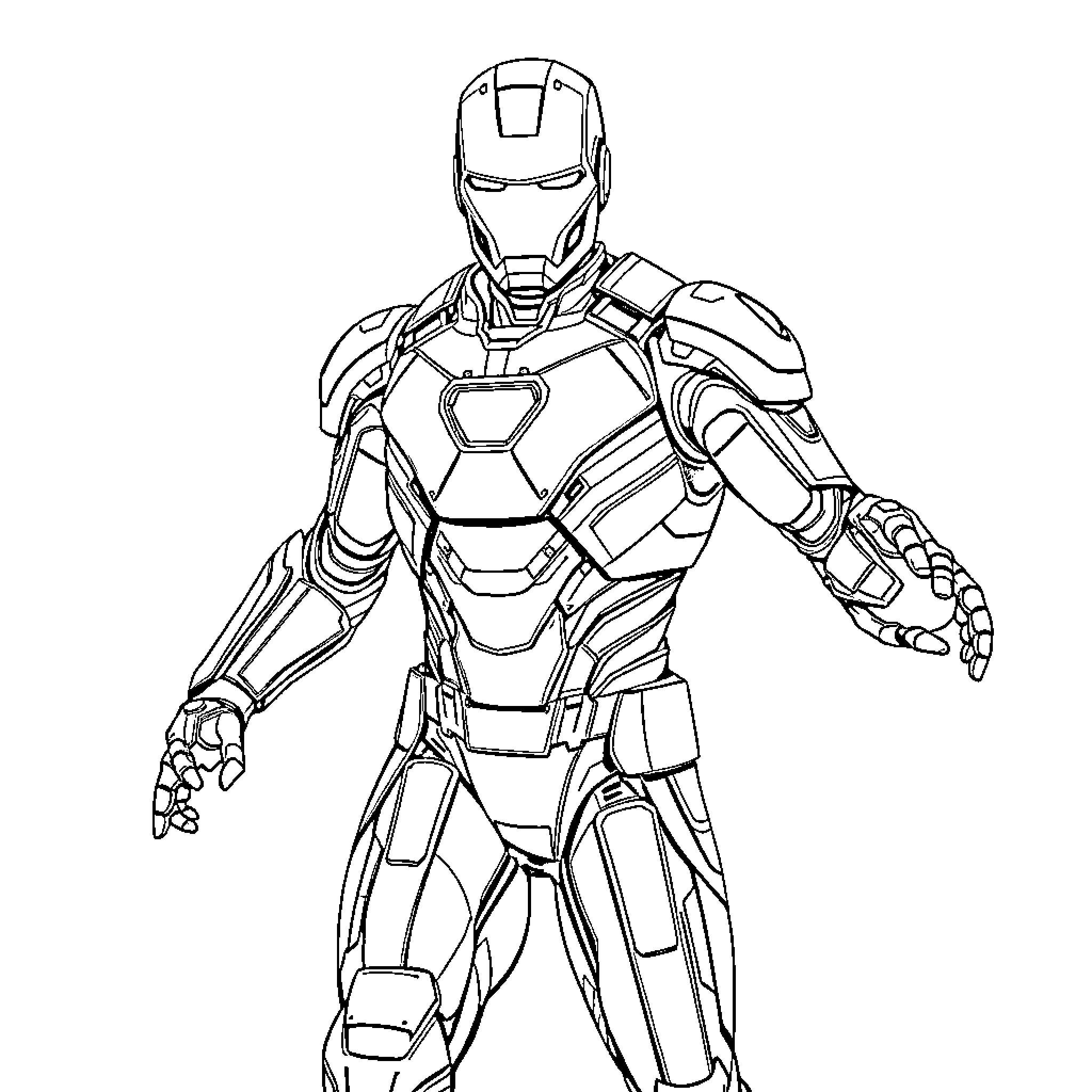 Ironman in battle-ready stance Coloring Page (free black-and-white line drawing printable PDF for all, from beginners to advanced learners, including children, teens, adults, and seniors)