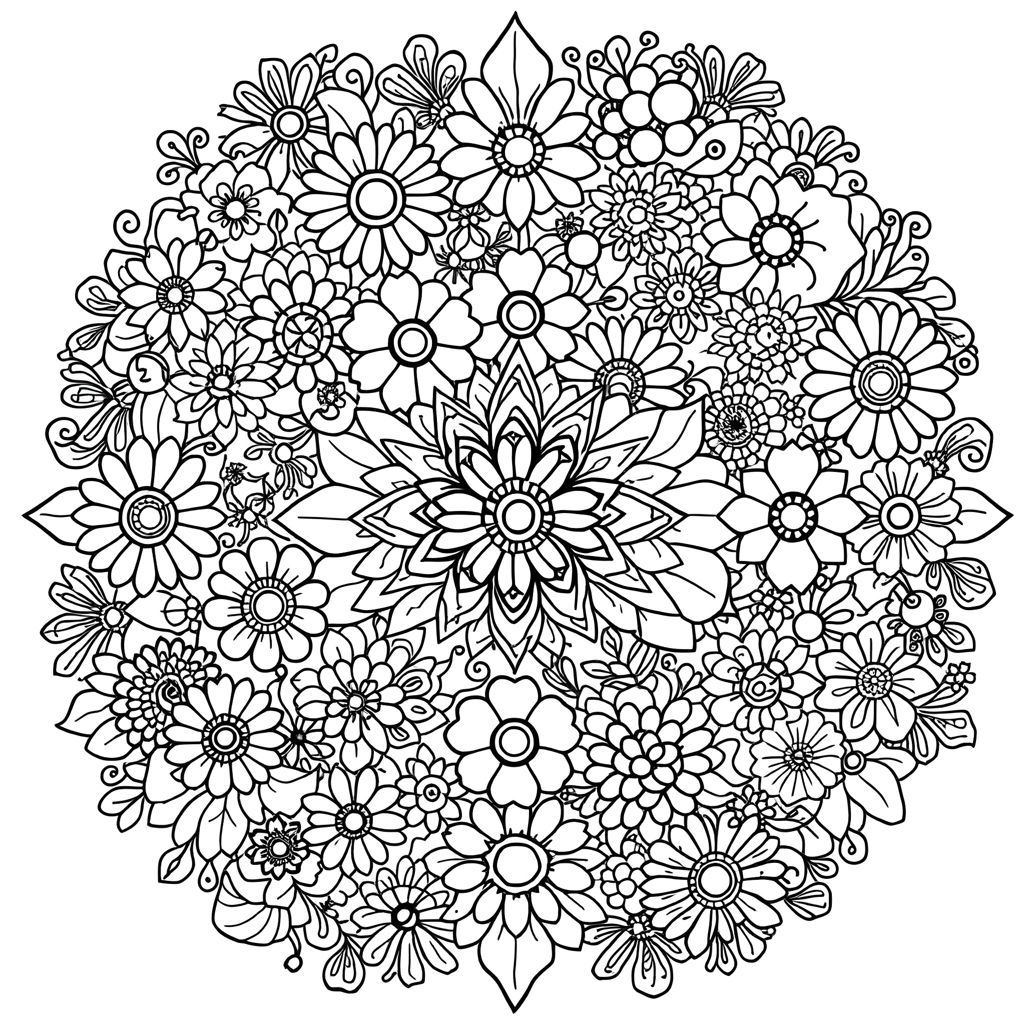 Patchwork of Intricate Floral Designs Coloring Page (free black-and-white line drawing printable PDF for all, from beginners to advanced learners, including children, teens, adults, and seniors)