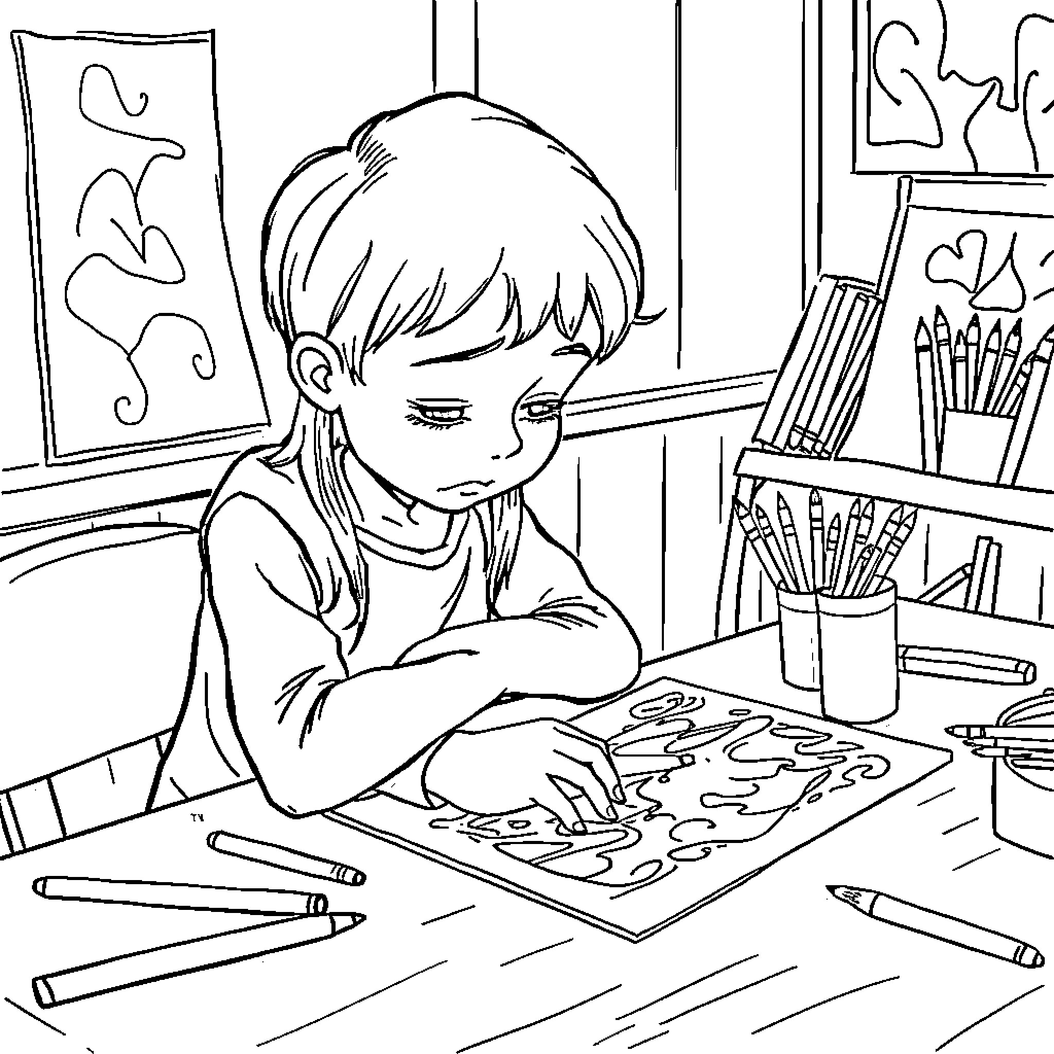 Painting of a child drawing in a creative space Coloring Page (free black-and-white line drawing printable PDF for all, from beginners to advanced learners, including children, teens, adults, and seniors)