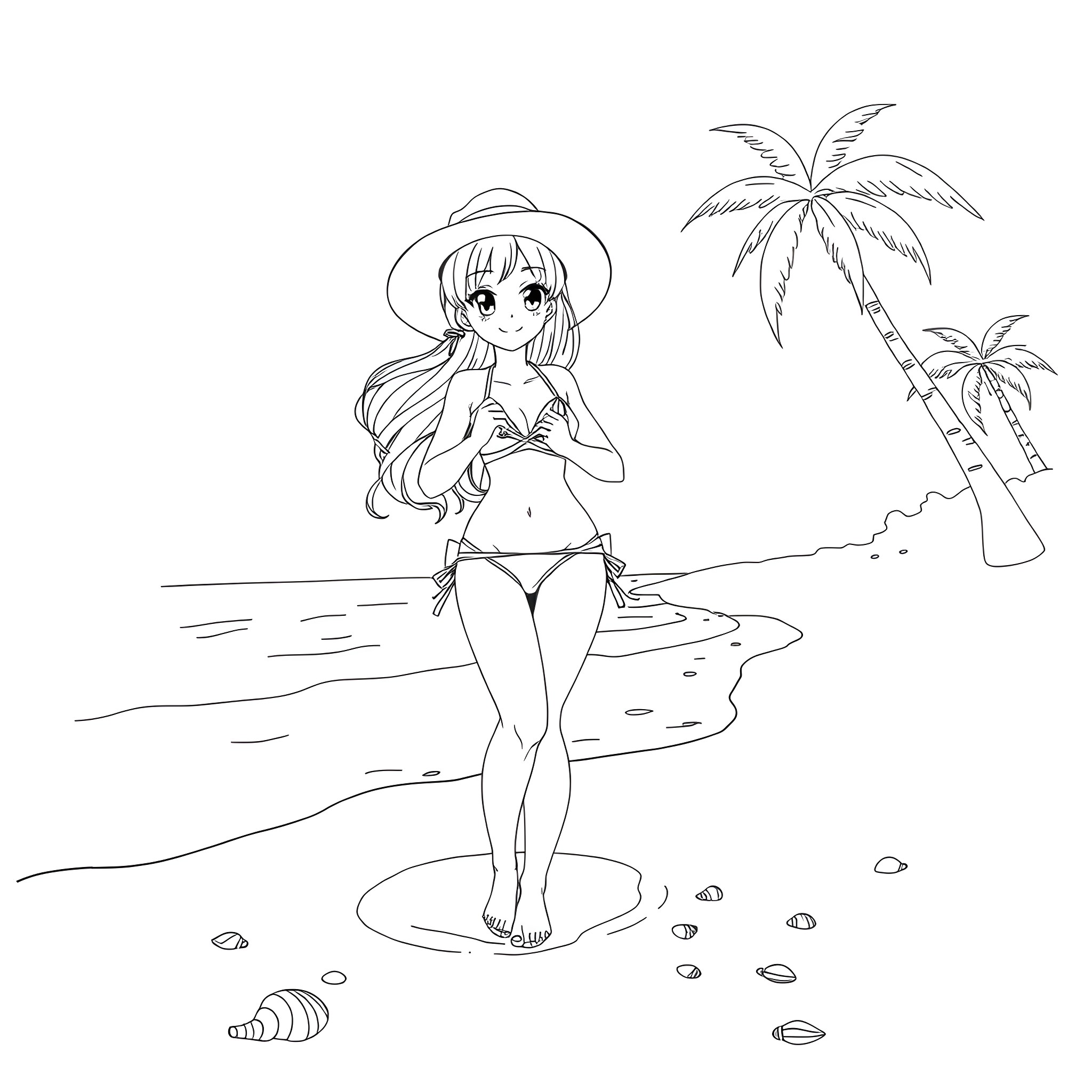 Nami walking along the beach in a swimsuit Coloring Page (free black-and-white line drawing printable PDF for all, from beginners to advanced learners, including children, teens, adults, and seniors)