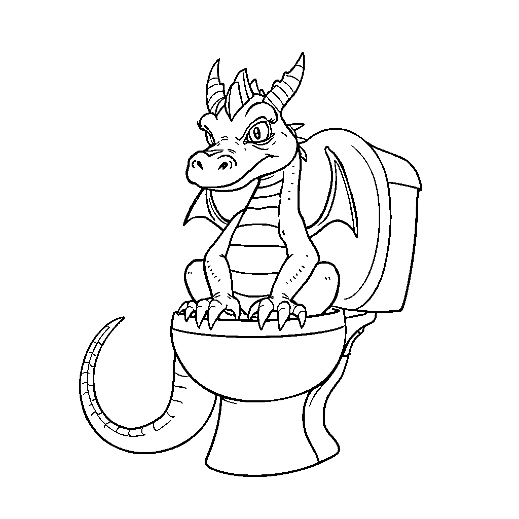 Dragon Relaxing on the Toilet Coloring Page (free black-and-white line drawing printable PDF for all, from beginners to advanced learners, including children, teens, adults, and seniors)