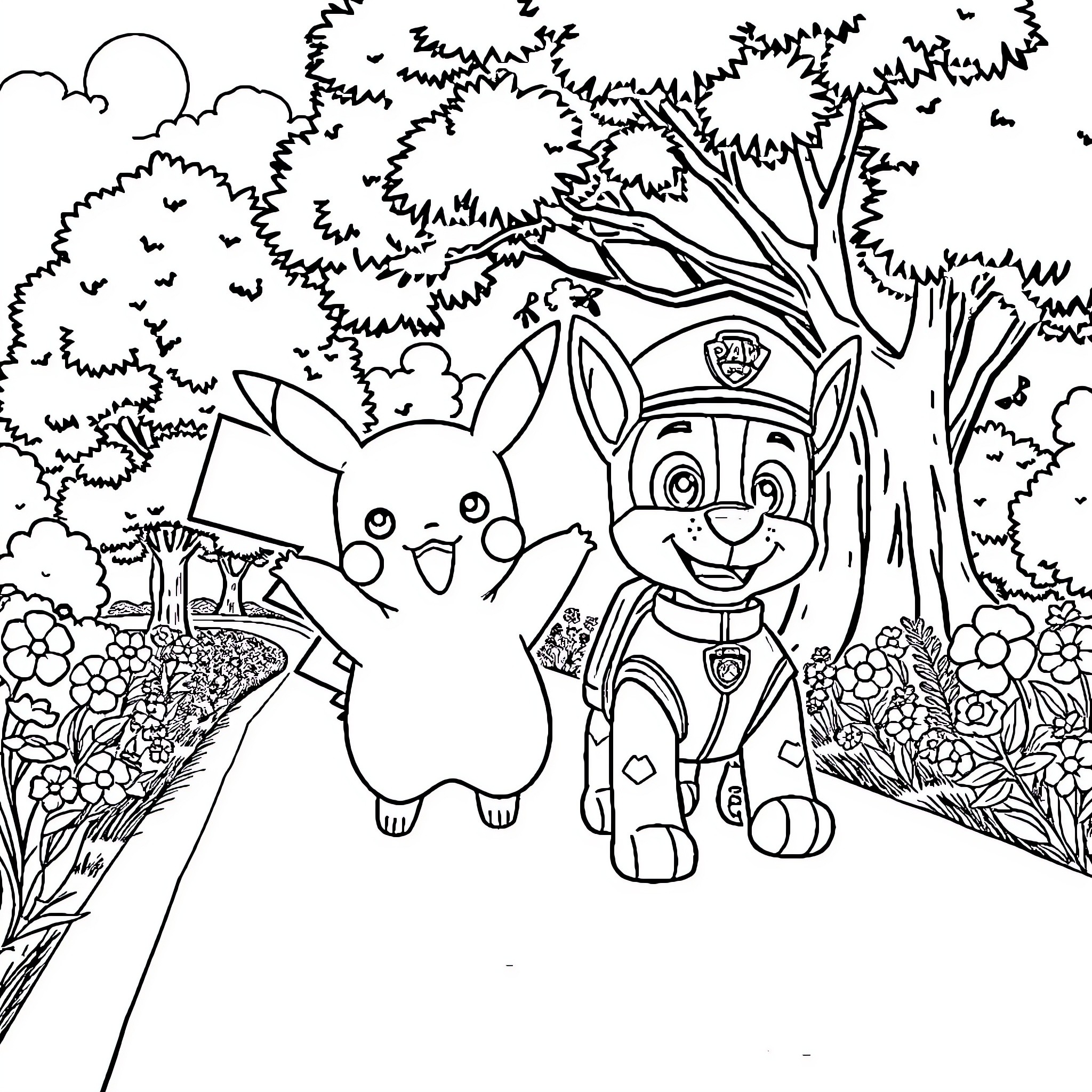 Pikachu and Paw Patrol Pup Explore the Forest Coloring Page (free black-and-white line drawing printable PDF for all, from beginners to advanced learners, including children, teens, adults, and seniors)