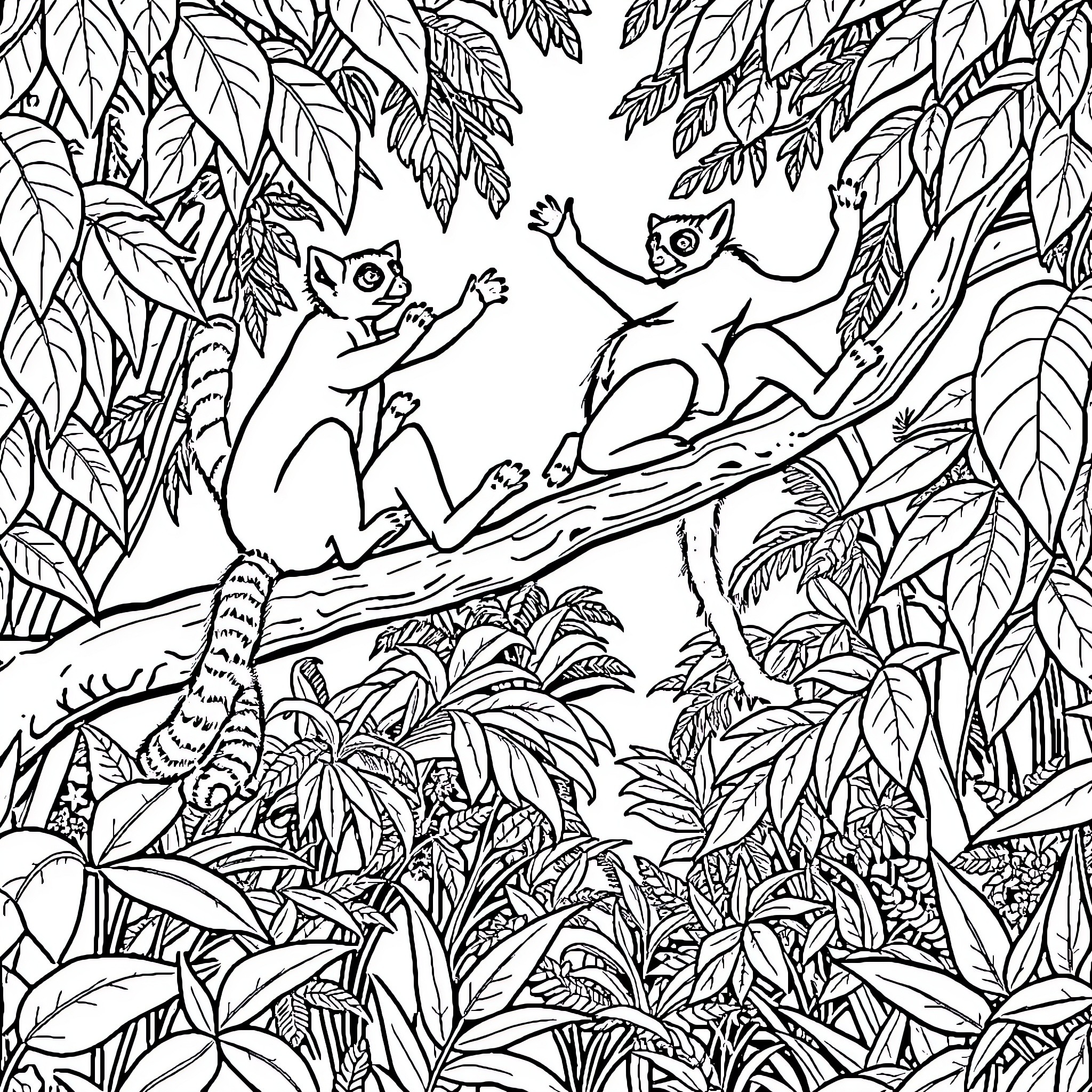 Lemurs playing joyfully in the lush tropical forest Coloring Page (free black-and-white line drawing printable PDF for all, from beginners to advanced learners, including children, teens, adults, and seniors)