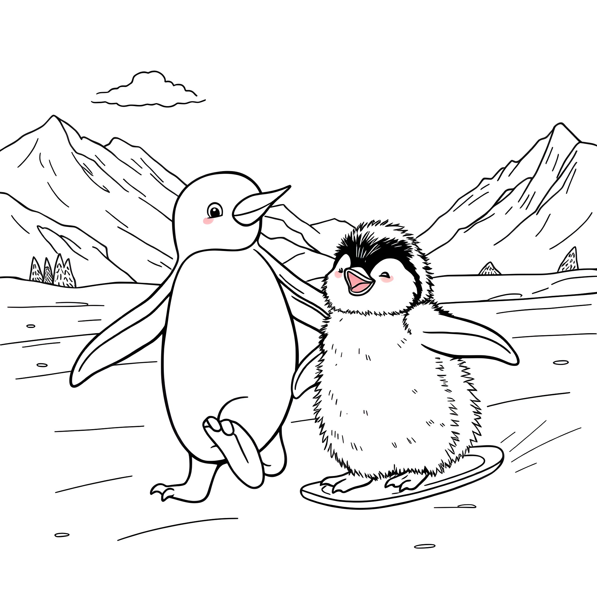 Penguins playing in the snowy landscape Coloring Page (free black-and-white line drawing printable PDF for all, from beginners to advanced learners, including children, teens, adults, and seniors)