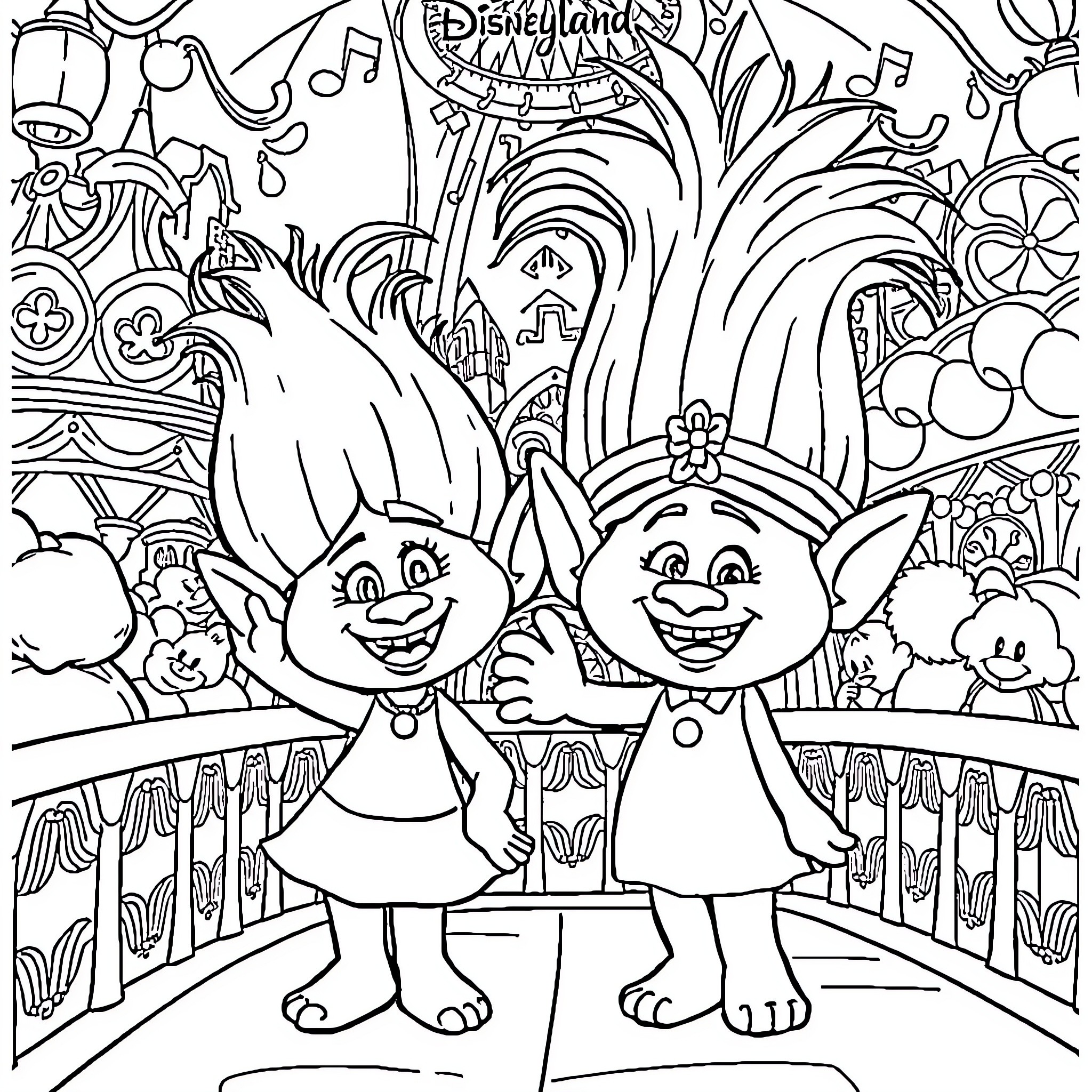 Poppy and Branch Explore the Magical Disneyland Coloring Page (free black-and-white line drawing printable PDF for all, from beginners to advanced learners, including children, teens, adults, and seniors)