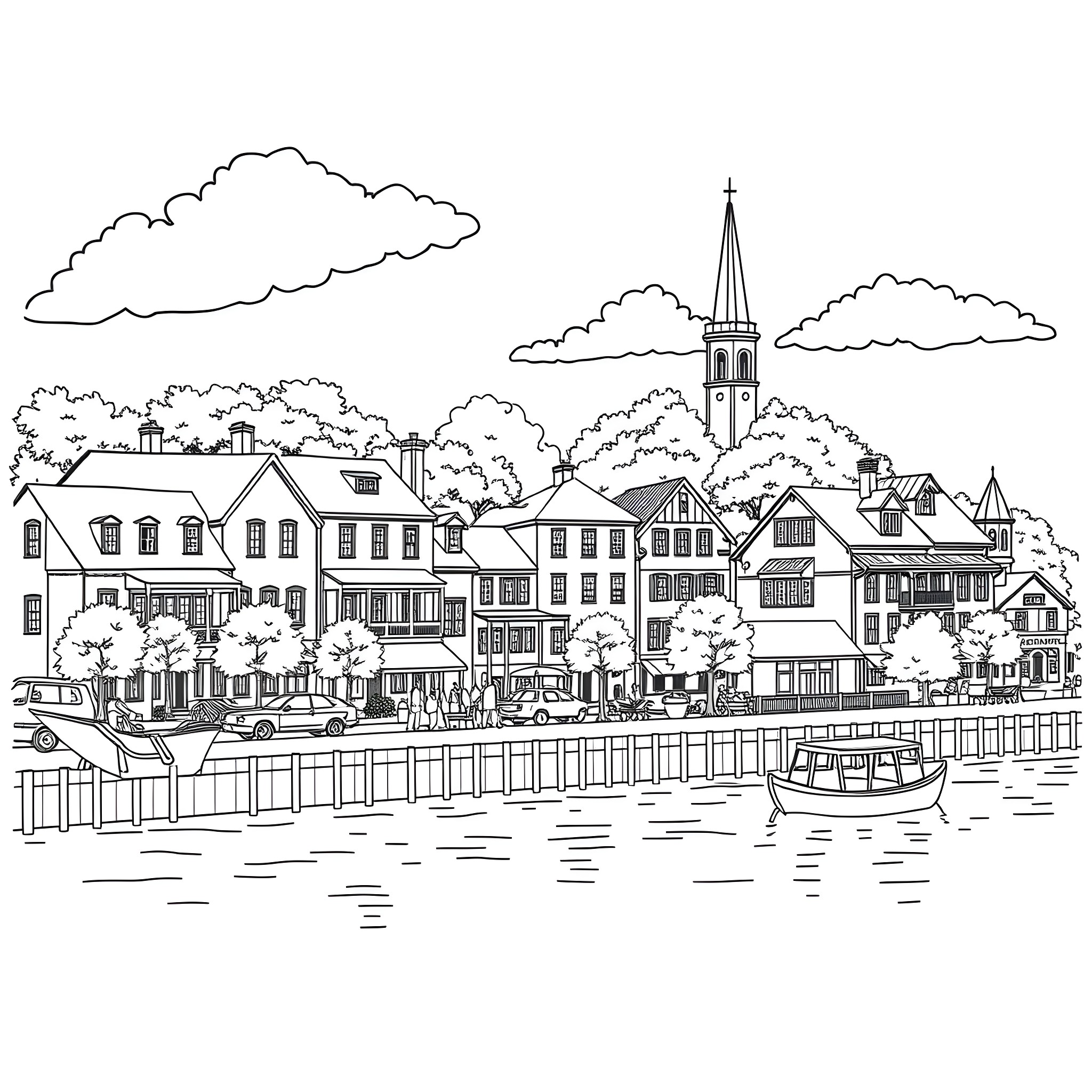 Edenton's Historic Waterfront with Charming Architecture Coloring Page (free black-and-white line drawing printable PDF for all, from beginners to advanced learners, including children, teens, adults, and seniors)