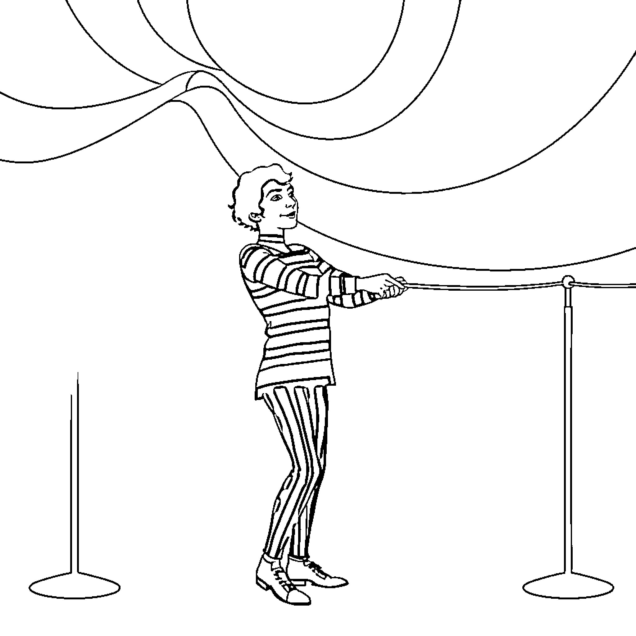 Mime performing on stage with dramatic lighting Coloring Page (free black-and-white line drawing printable PDF for all, from beginners to advanced learners, including children, teens, adults, and seniors)