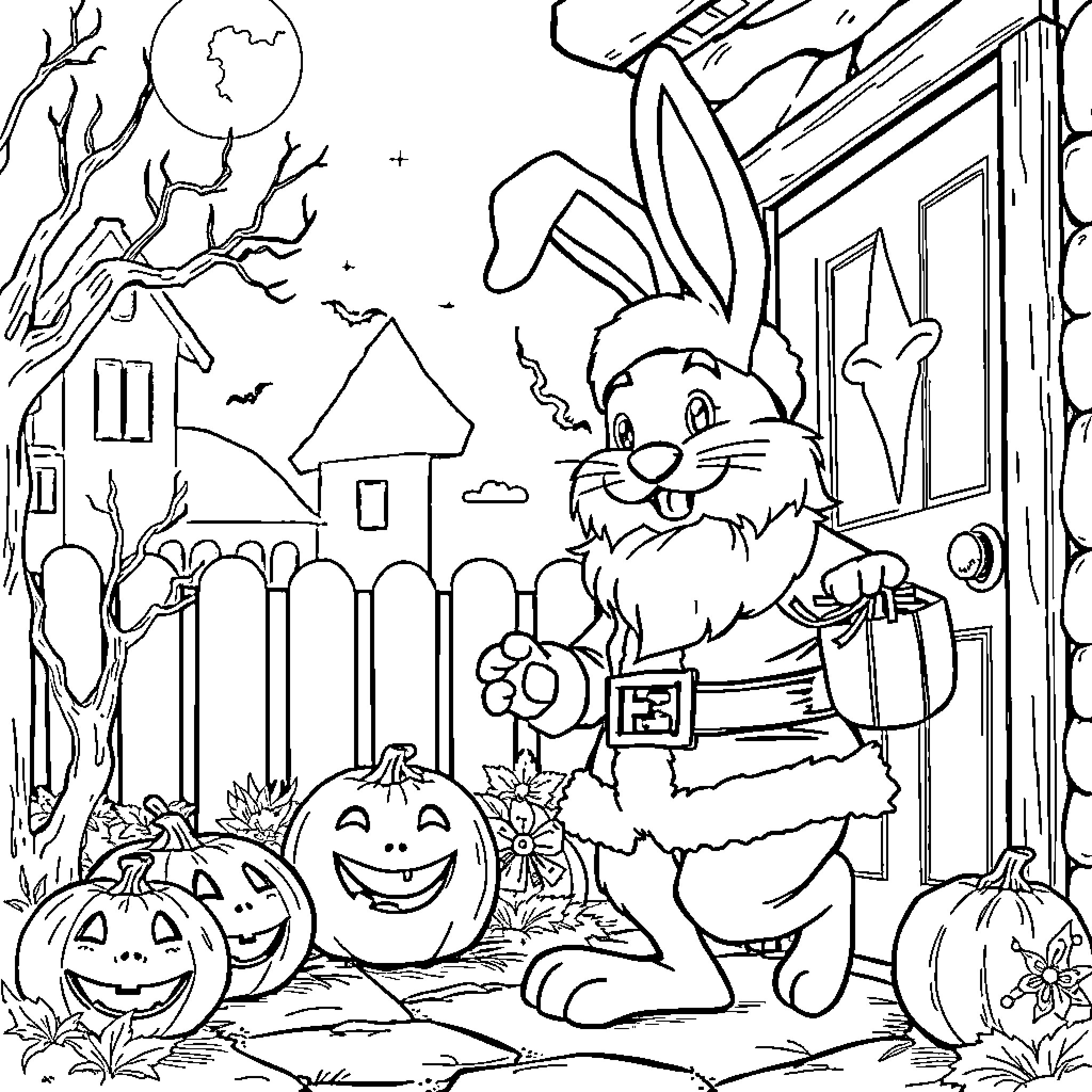 Easter Bunny Trick-or-Treating in Spooky Neighborhood Coloring Page (free black-and-white line drawing printable PDF for all, from beginners to advanced learners, including children, teens, adults, and seniors)