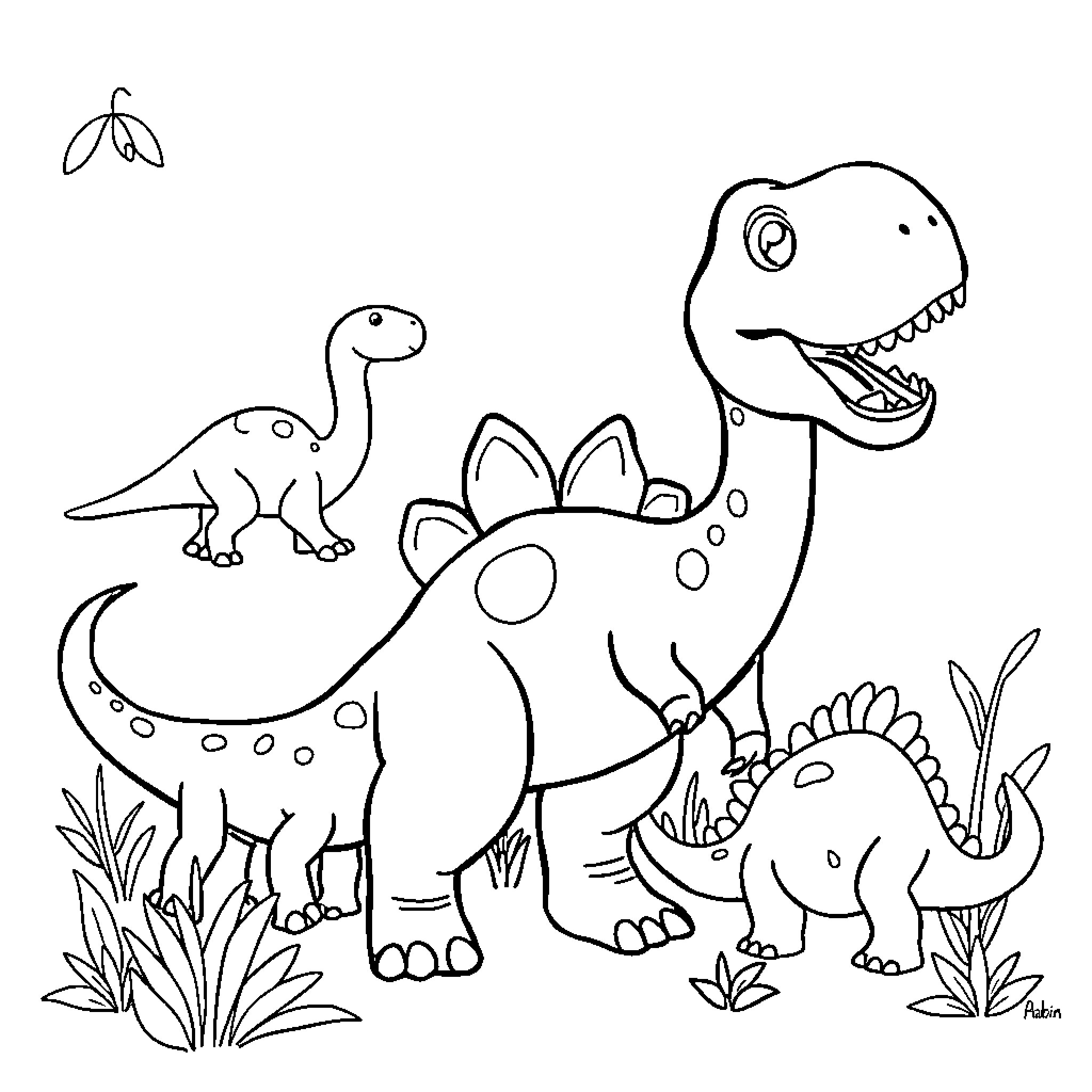Dinosaurs playing and exploring in nature Coloring Page (free black-and-white line drawing printable PDF for all, from beginners to advanced learners, including children, teens, adults, and seniors)