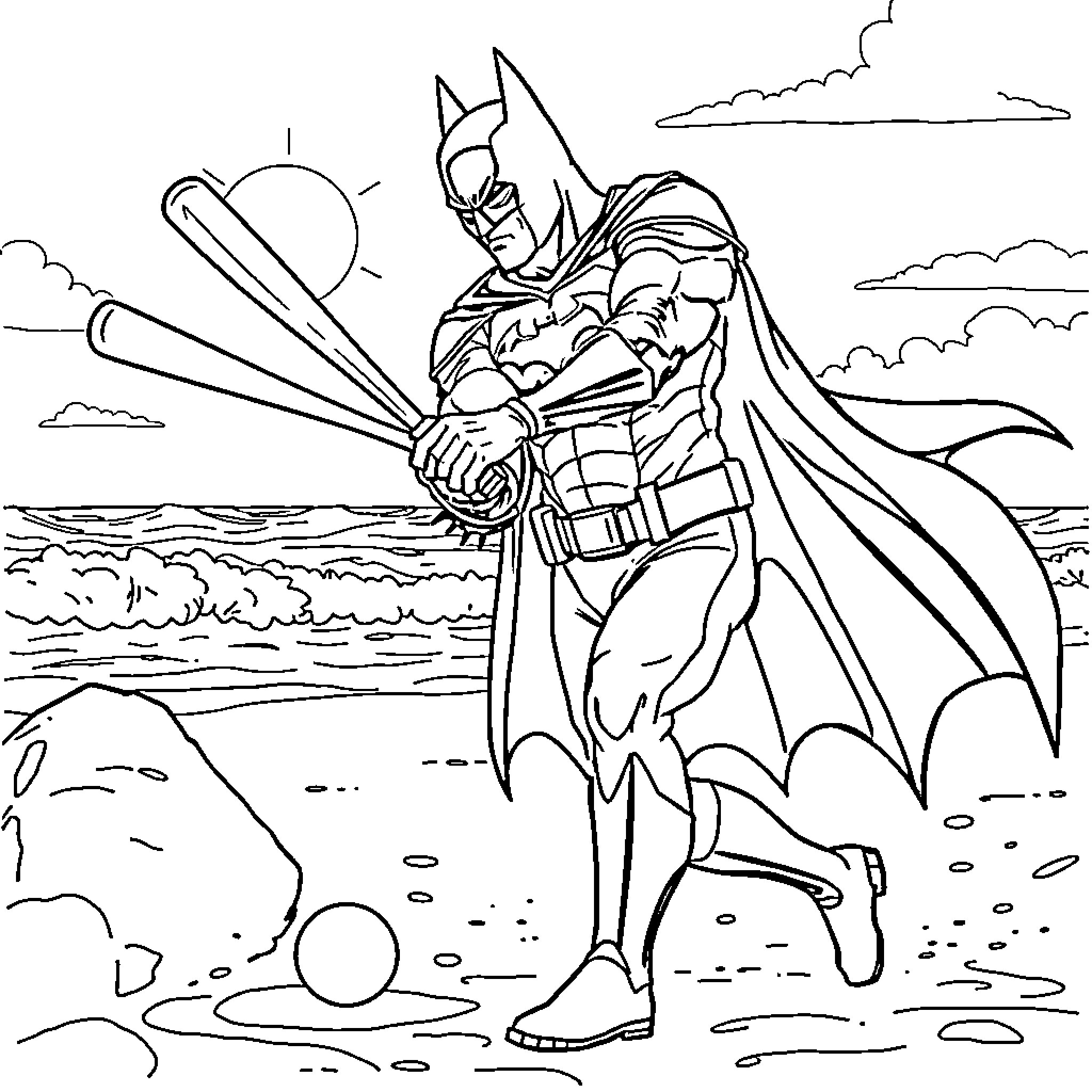 Batman fighting villains on the beach Coloring Page (free black-and-white line drawing printable PDF for all, from beginners to advanced learners, including children, teens, adults, and seniors)