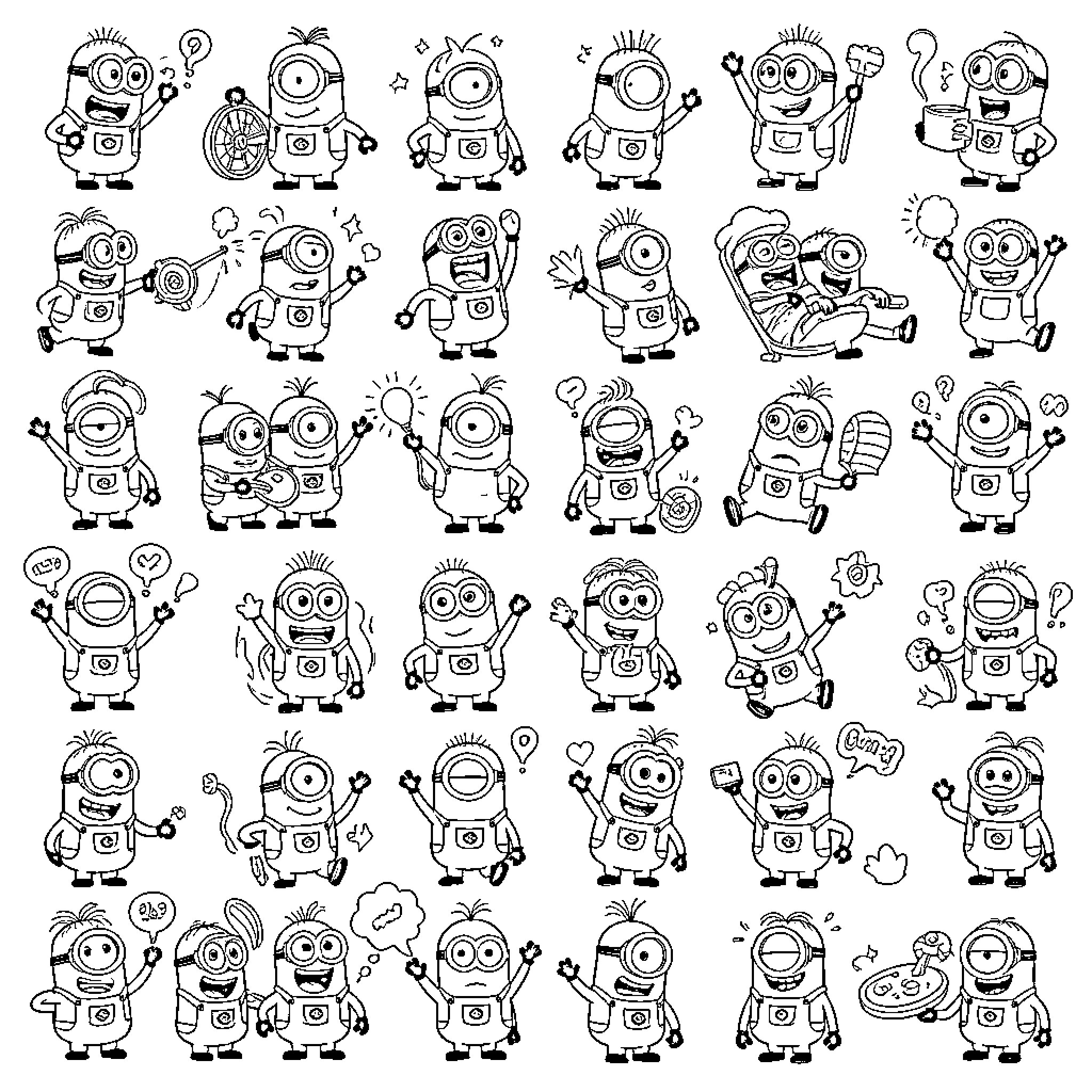 Minions in Various Poses and Expressions Coloring Page (free black-and-white line drawing printable PDF for all, from beginners to advanced learners, including children, teens, adults, and seniors)