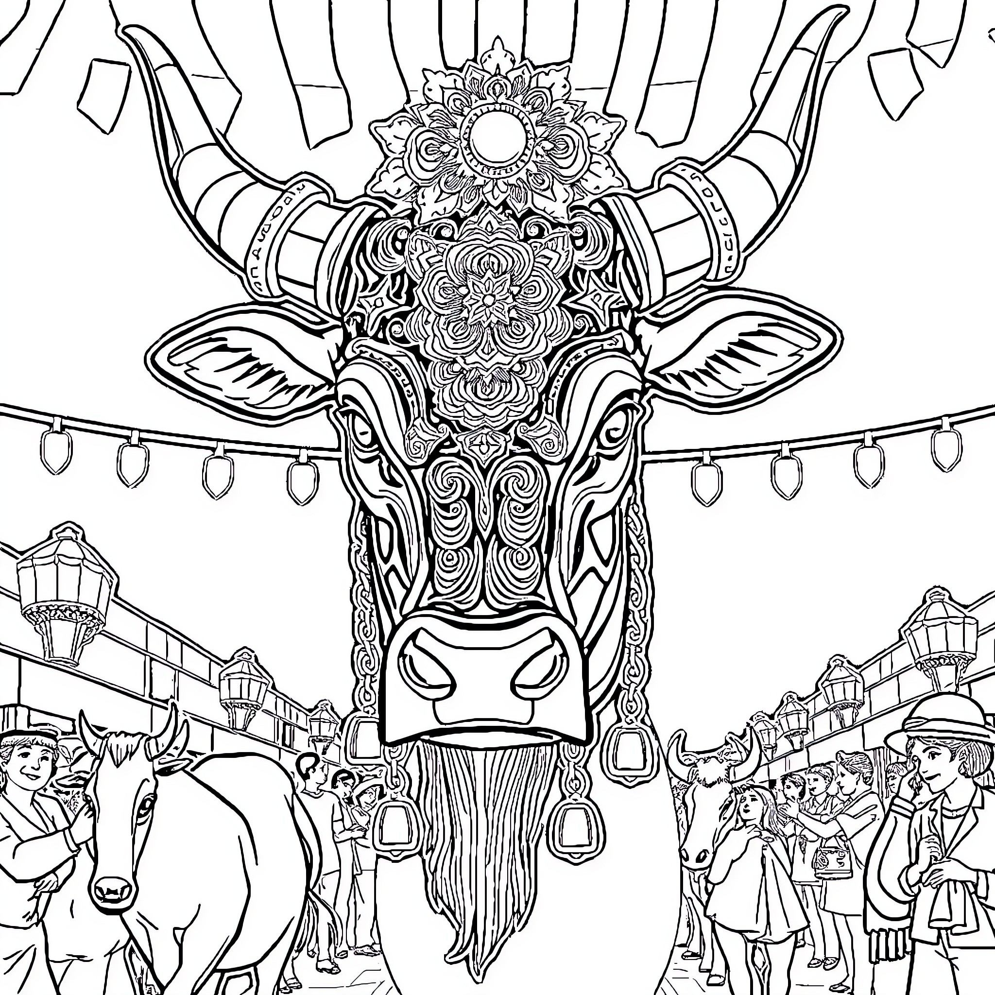Bull with Ornate Head Decor at Festive Marketplace Coloring Page (free black-and-white line drawing printable PDF for all, from beginners to advanced learners, including children, teens, adults, and seniors)
