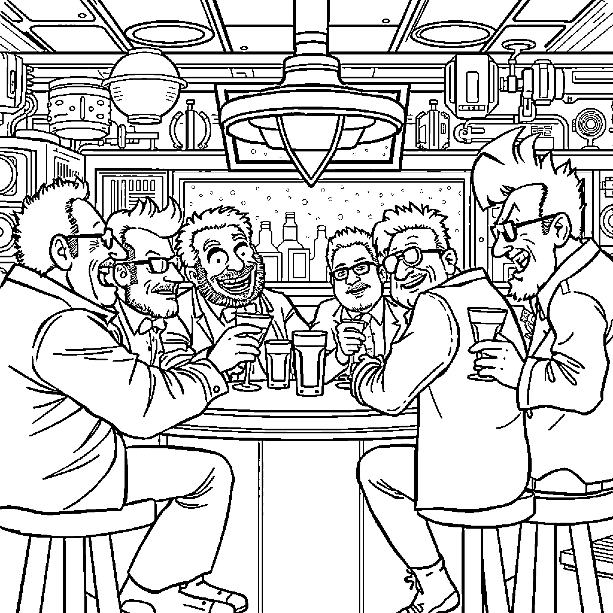 Spaceballs characters enjoying drinks at the bar Coloring Page (free black-and-white line drawing printable PDF for all, from beginners to advanced learners, including children, teens, adults, and seniors)