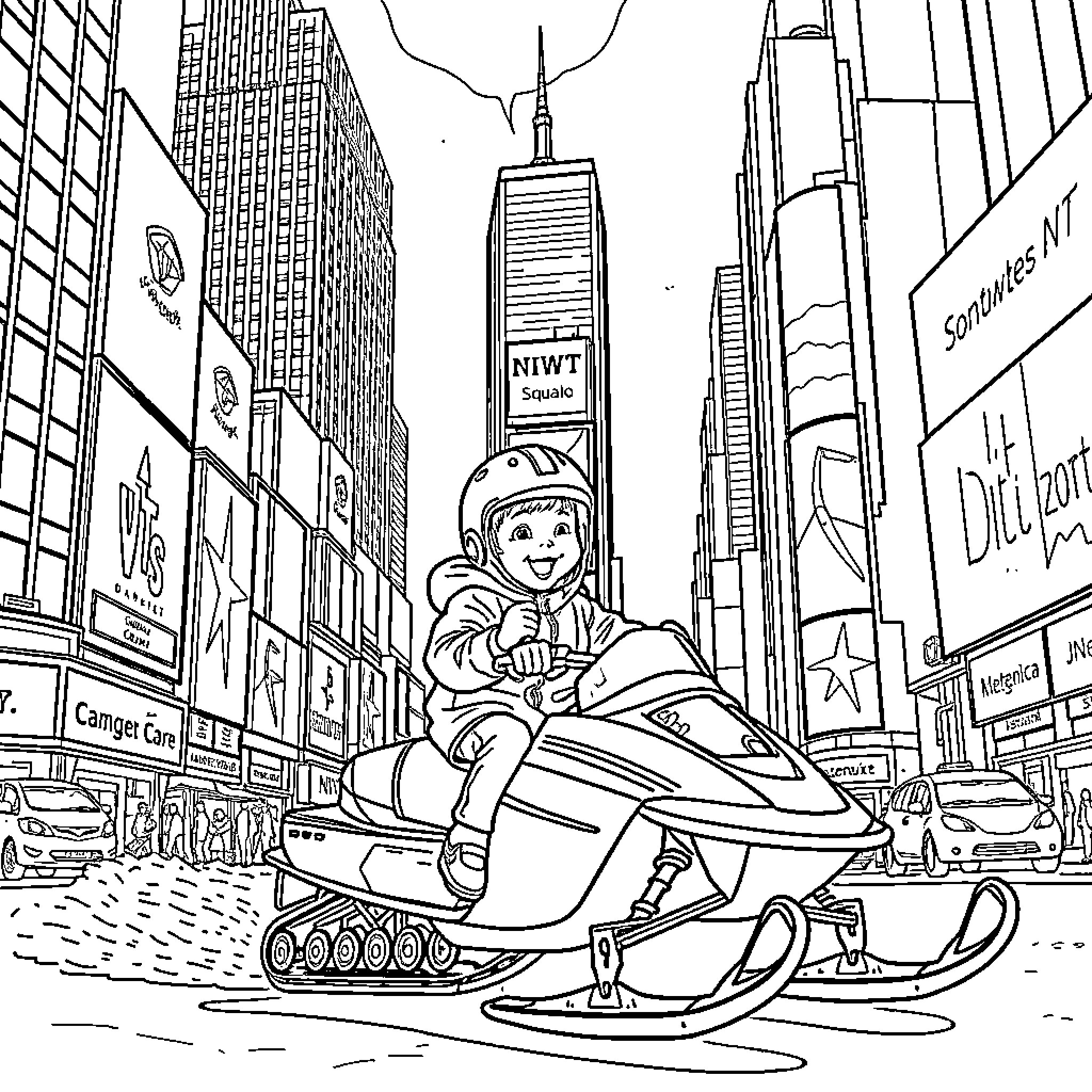 Child riding snowmobile in busy city street Coloring Page (free black-and-white line drawing printable PDF for all, from beginners to advanced learners, including children, teens, adults, and seniors)