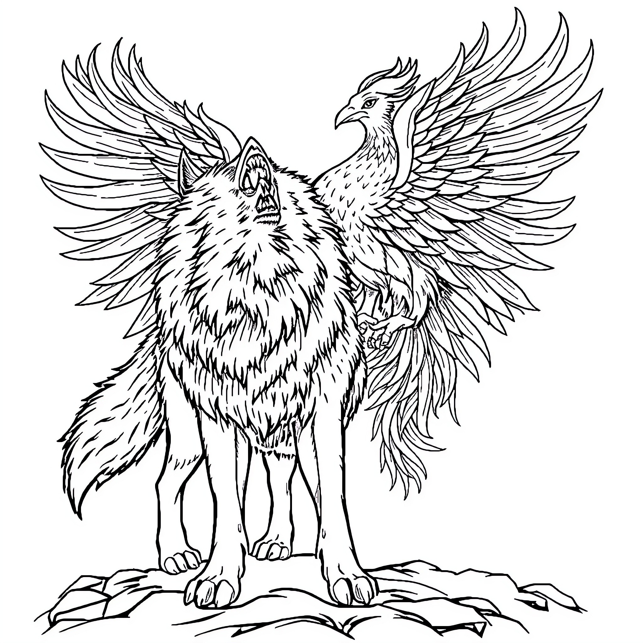 Wolf with majestic wings taking flight Coloring Page (free black-and-white line drawing printable PDF for all, from beginners to advanced learners, including children, teens, adults, and seniors)