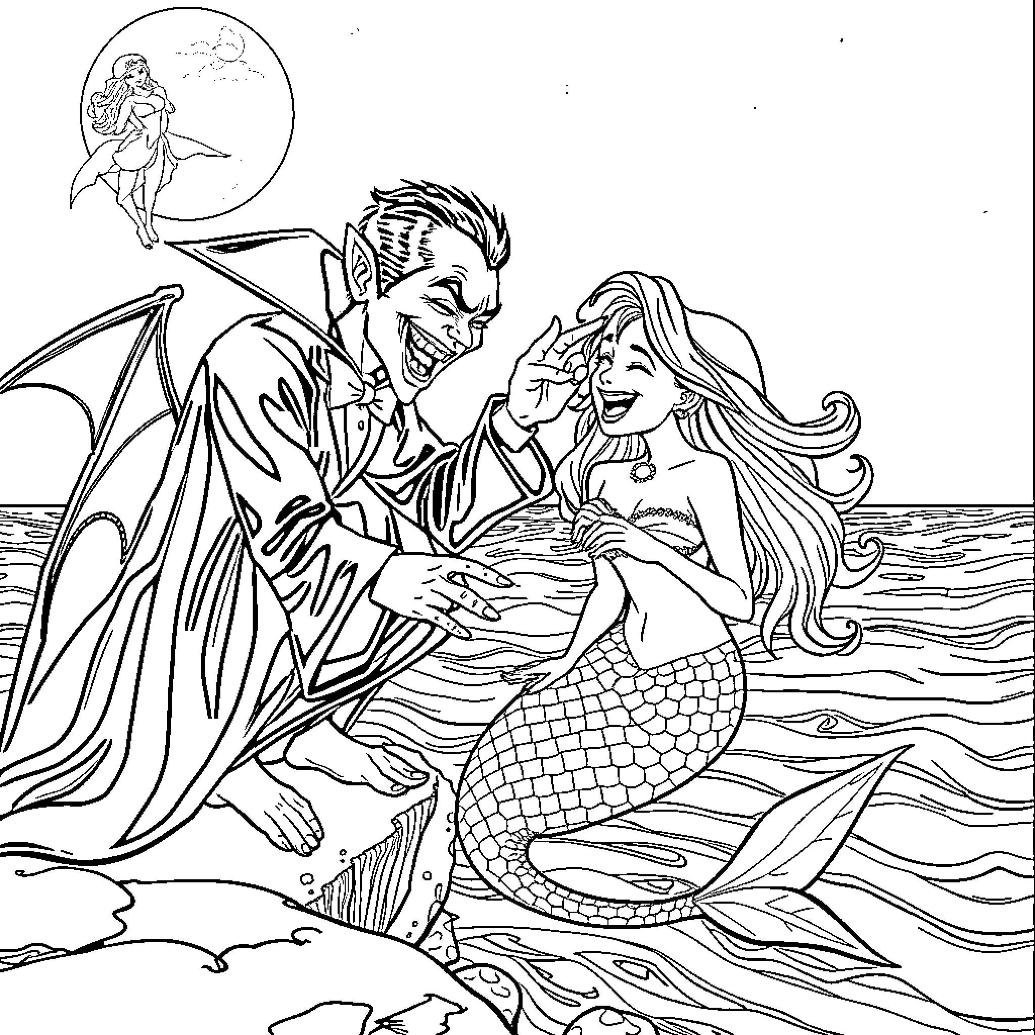 Vampire seduces mermaid by the sea Coloring Page (free black-and-white line drawing printable PDF for all, from beginners to advanced learners, including children, teens, adults, and seniors)