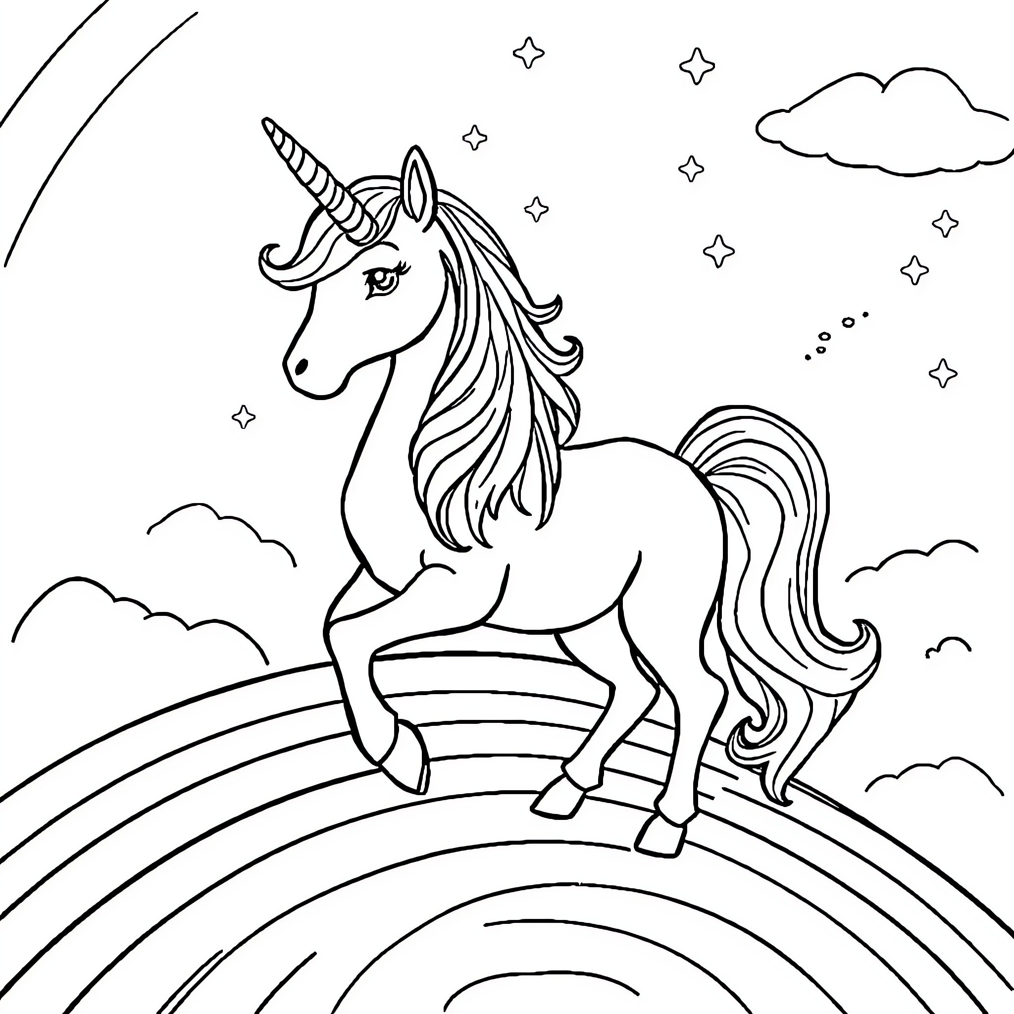 Unicorn Running Amidst Starry Night Sky Coloring Page (free black-and-white line drawing printable PDF for all, from beginners to advanced learners, including children, teens, adults, and seniors)
