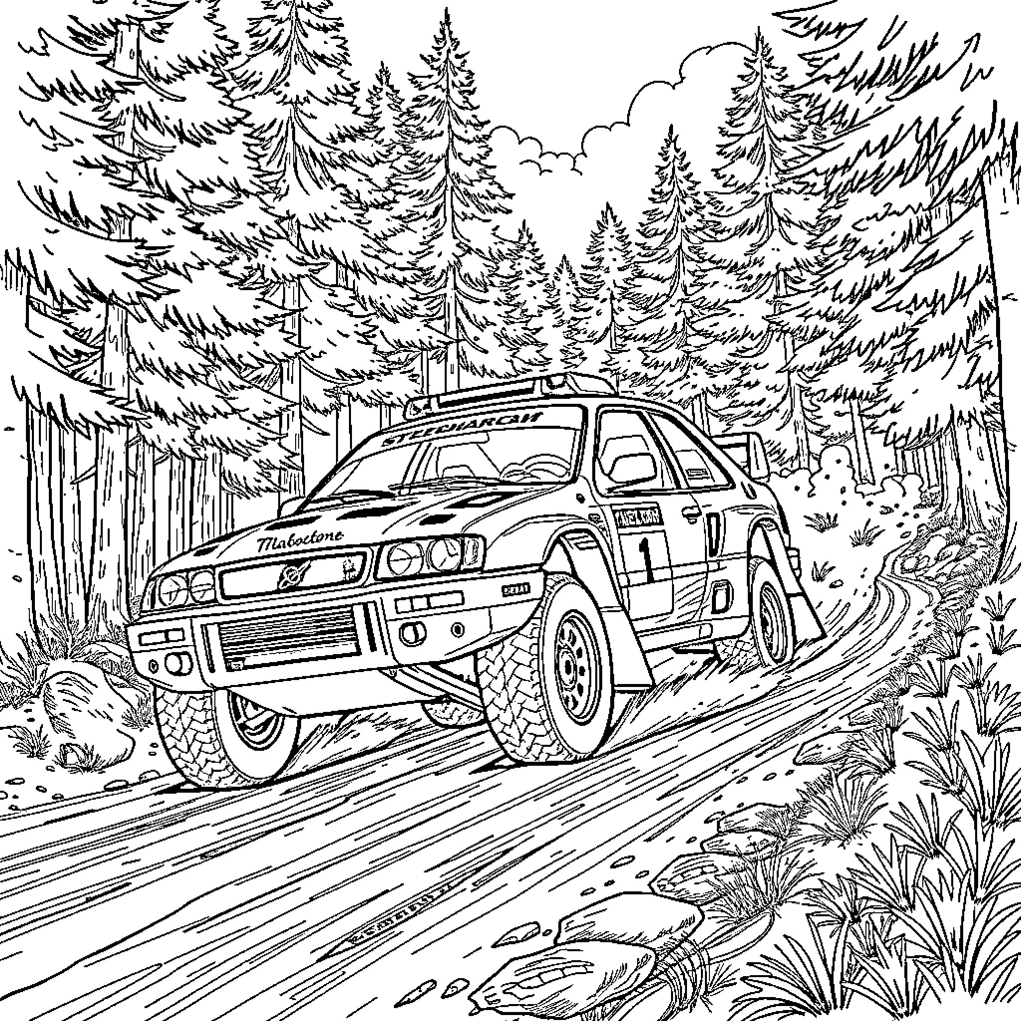 Rally Car Racing Through Forest Terrain Coloring Page (free black-and-white line drawing printable PDF for all, from beginners to advanced learners, including children, teens, adults, and seniors)