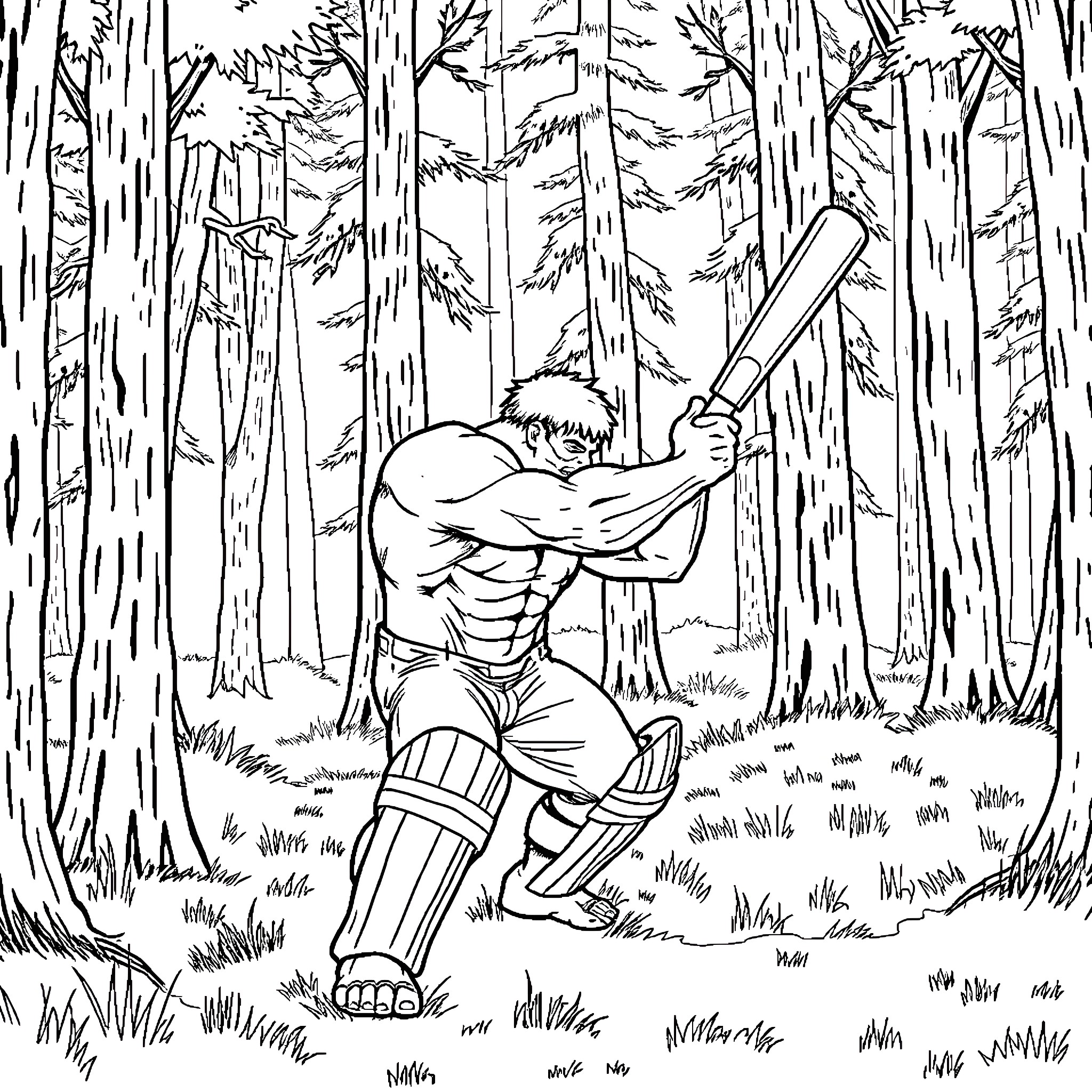 Hulk Swinging Bat in Serene Forest Coloring Page (free black-and-white line drawing printable PDF for all, from beginners to advanced learners, including children, teens, adults, and seniors)