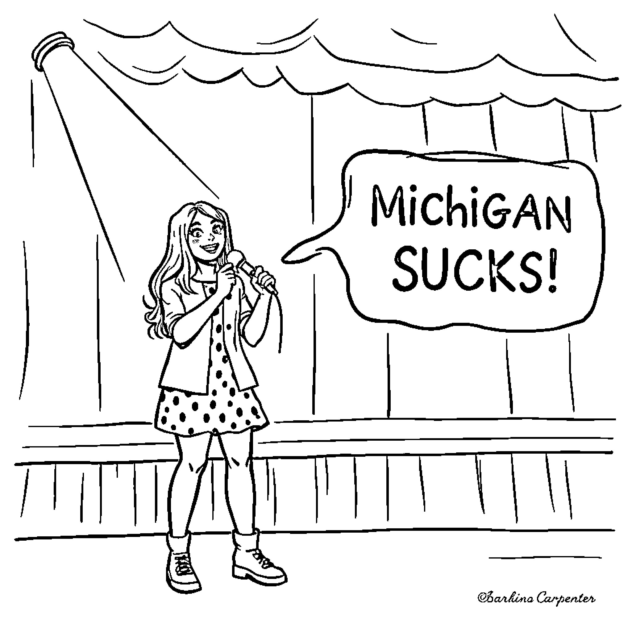 Sabrina Carpenter expressing her opinion on Michigan Coloring Page (free black-and-white line drawing printable PDF for all, from beginners to advanced learners, including children, teens, adults, and seniors)