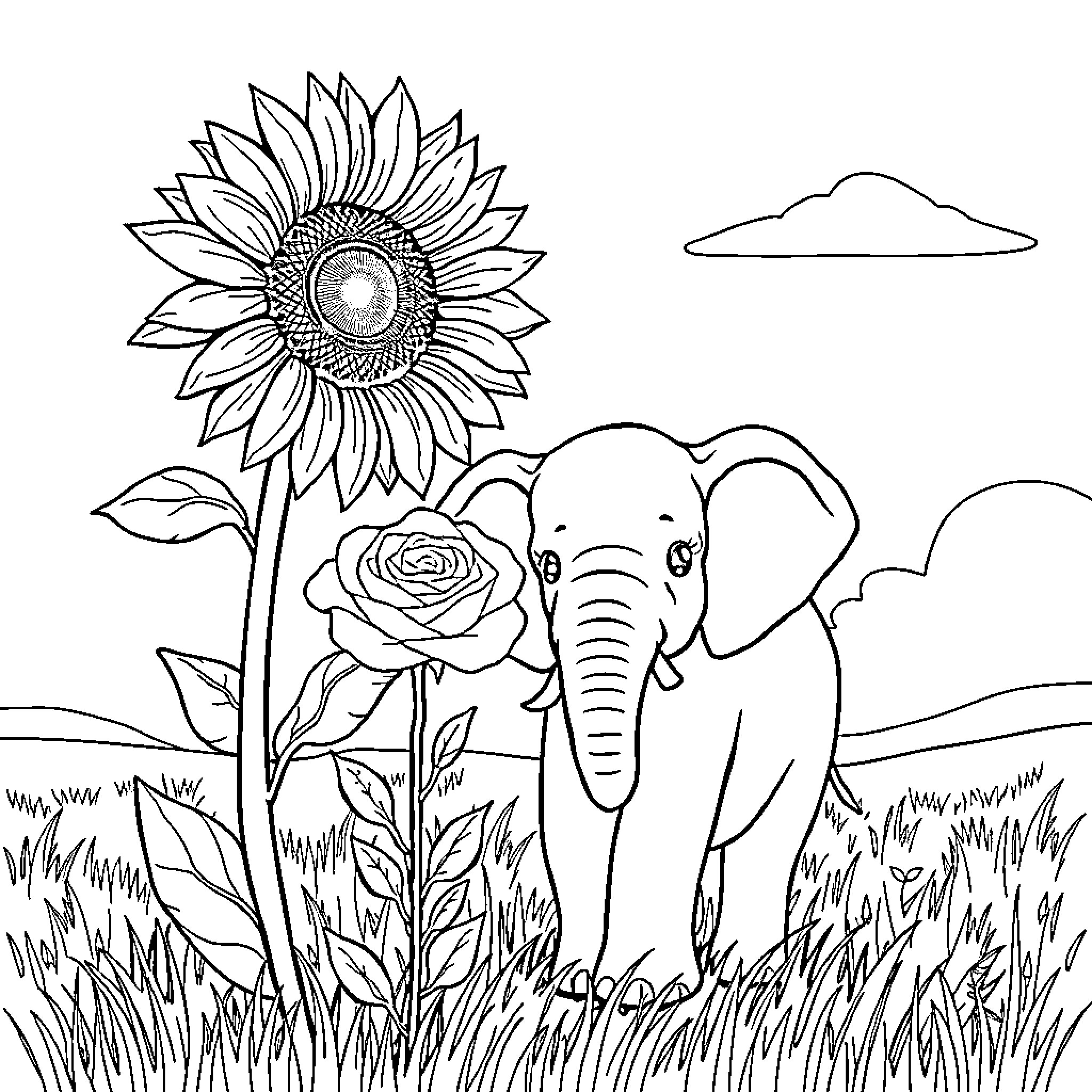 Elephant exploring a floral garden Coloring Page (free black-and-white line drawing printable PDF for all, from beginners to advanced learners, including children, teens, adults, and seniors)