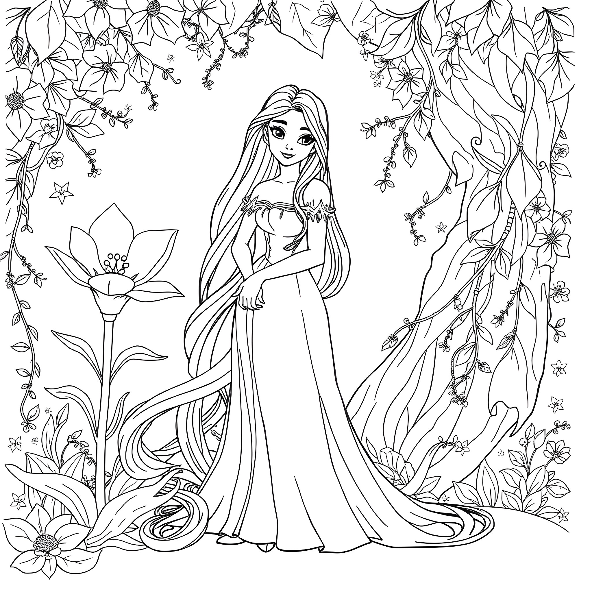Rapunzel in a floral fantasy scene Coloring Page (free black-and-white line drawing printable PDF for all, from beginners to advanced learners, including children, teens, adults, and seniors)