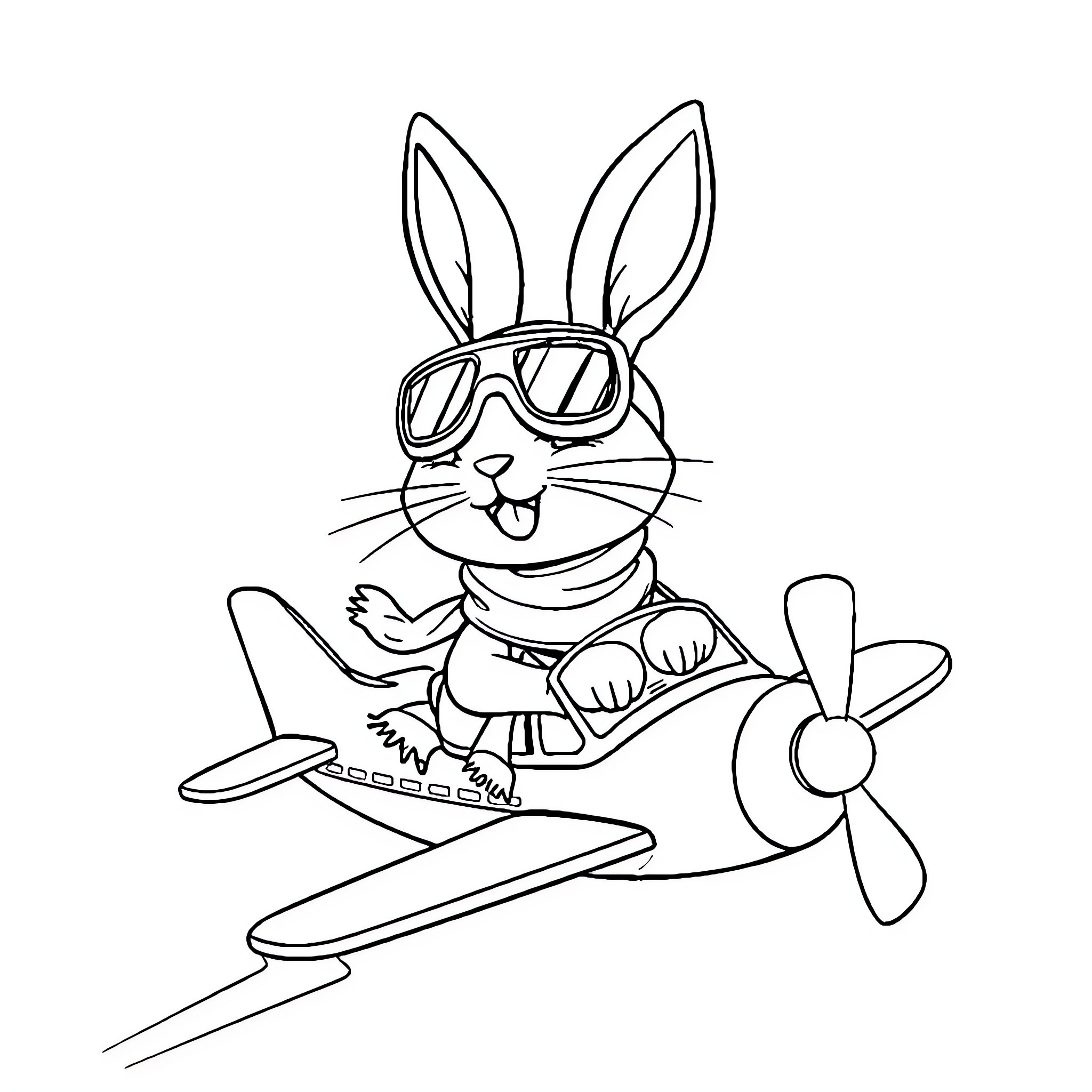 Bunny pilot flying an airplane with sunglasses Coloring Page (free black-and-white line drawing printable PDF for all, from beginners to advanced learners, including children, teens, adults, and seniors)