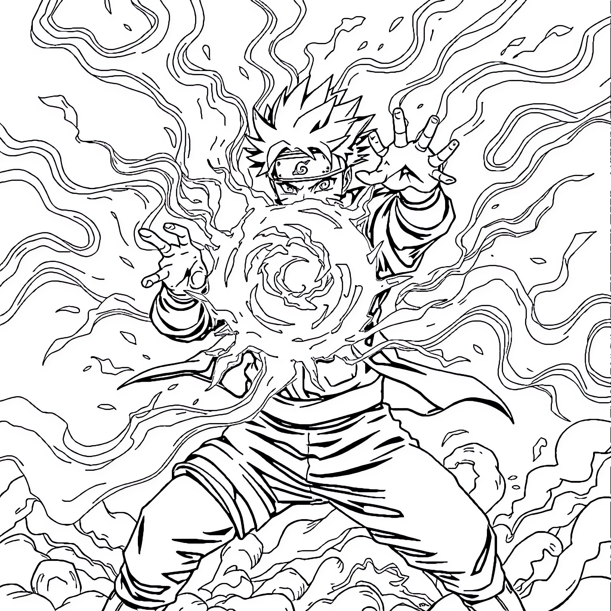 Naruto's Explosive Power and Energy Unleashed Coloring Page (free black-and-white line drawing printable PDF for all, from beginners to advanced learners, including children, teens, adults, and seniors)