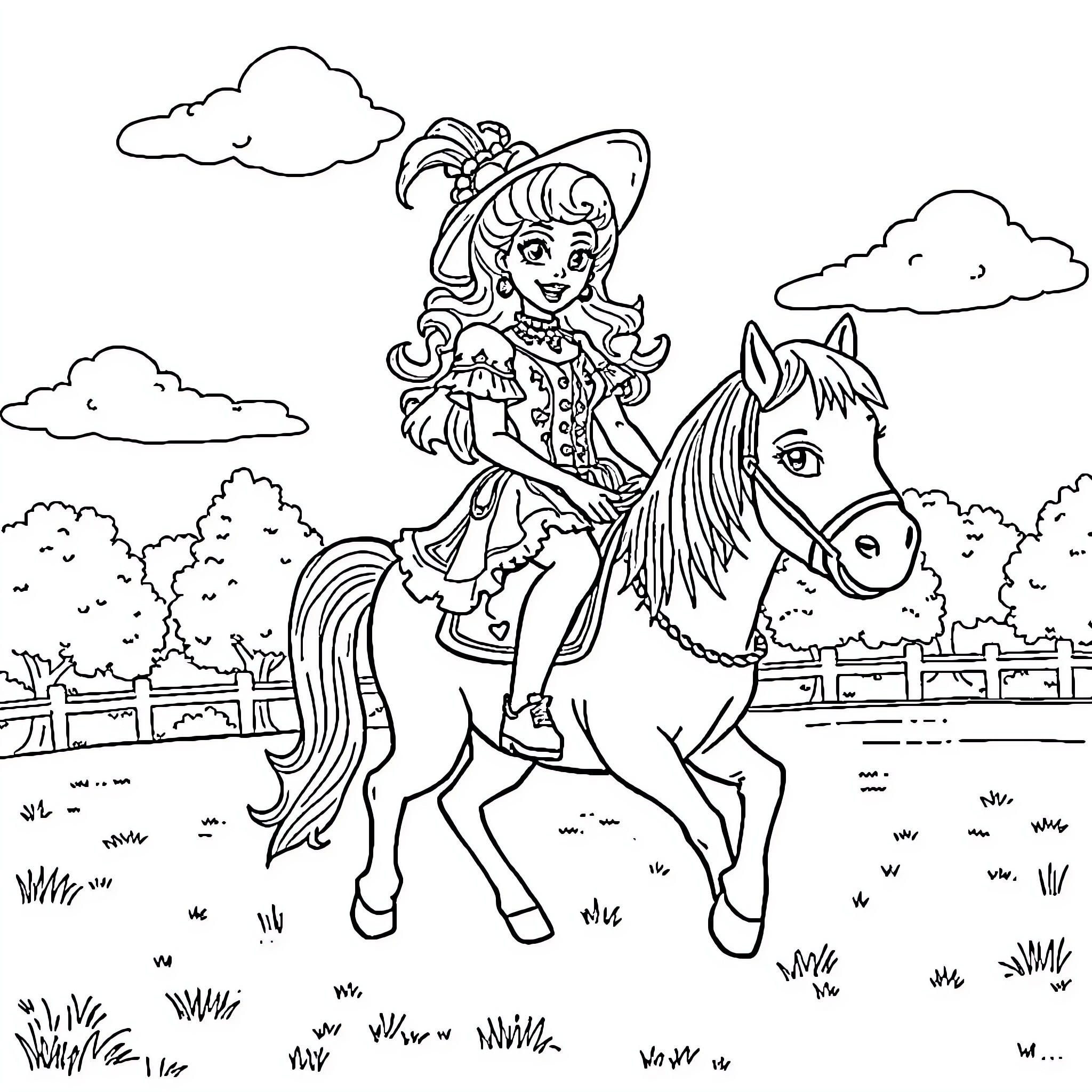 Lady Gaga Riding a Majestic Horse through the Countryside Coloring Page (free black-and-white line drawing printable PDF for all, from beginners to advanced learners, including children, teens, adults, and seniors)
