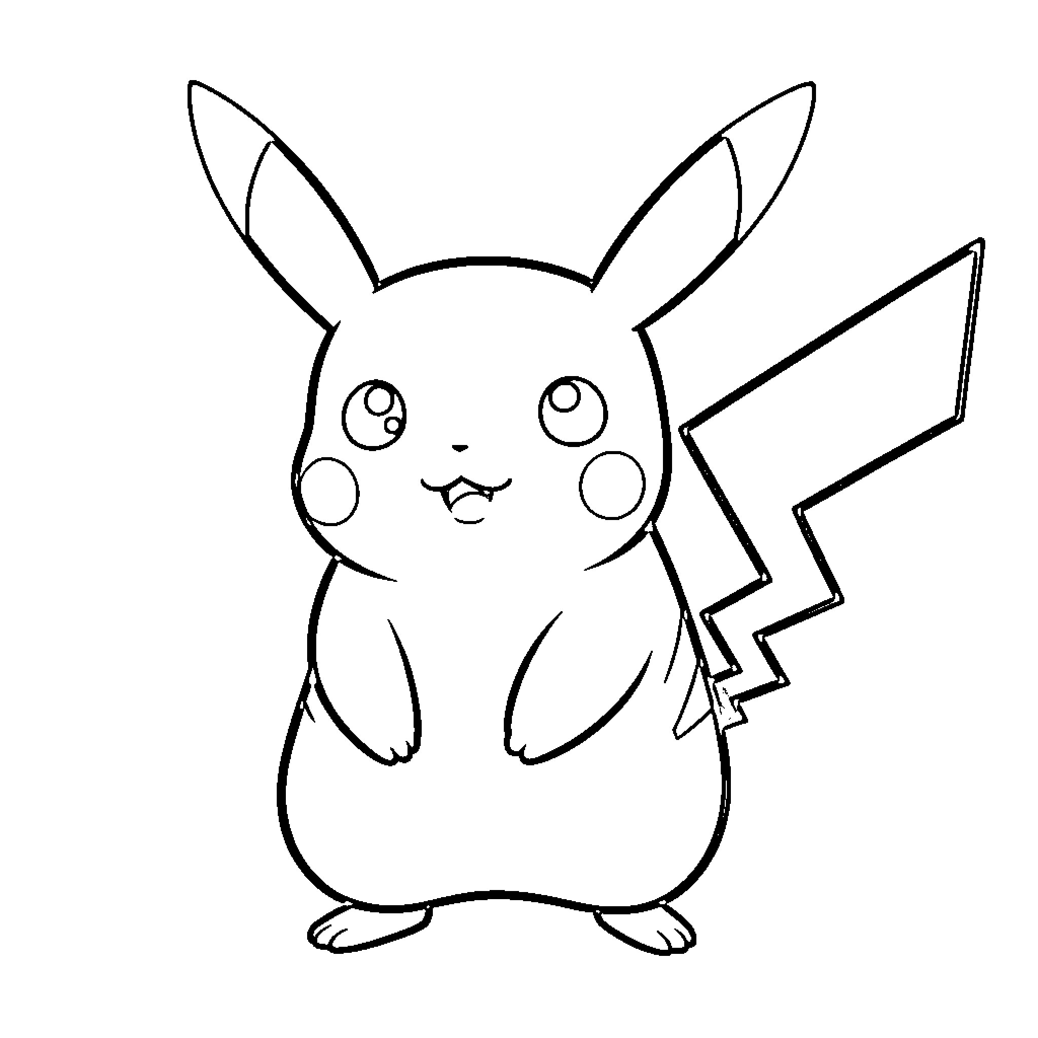 Pikachu happily posing in a simple outline Coloring Page (free black-and-white line drawing printable PDF for all, from beginners to advanced learners, including children, teens, adults, and seniors)