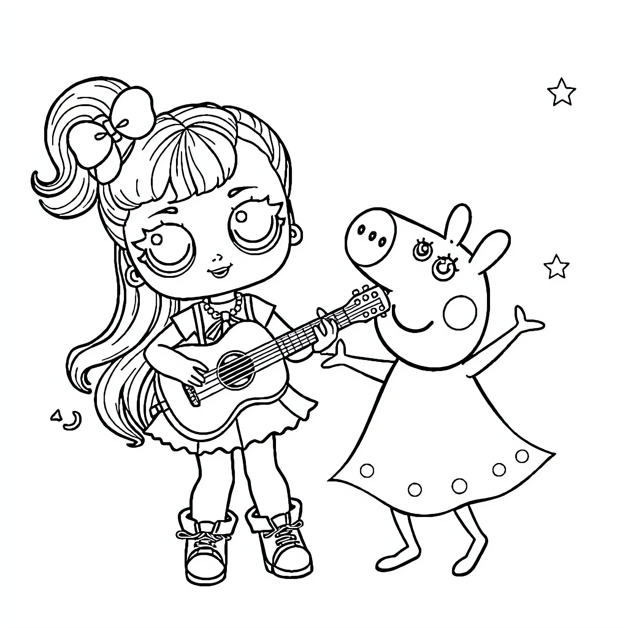 Lol Doll Playing Guitar with Peppa Pig Coloring Page (free black-and-white line drawing printable PDF for all, from beginners to advanced learners, including children, teens, adults, and seniors)