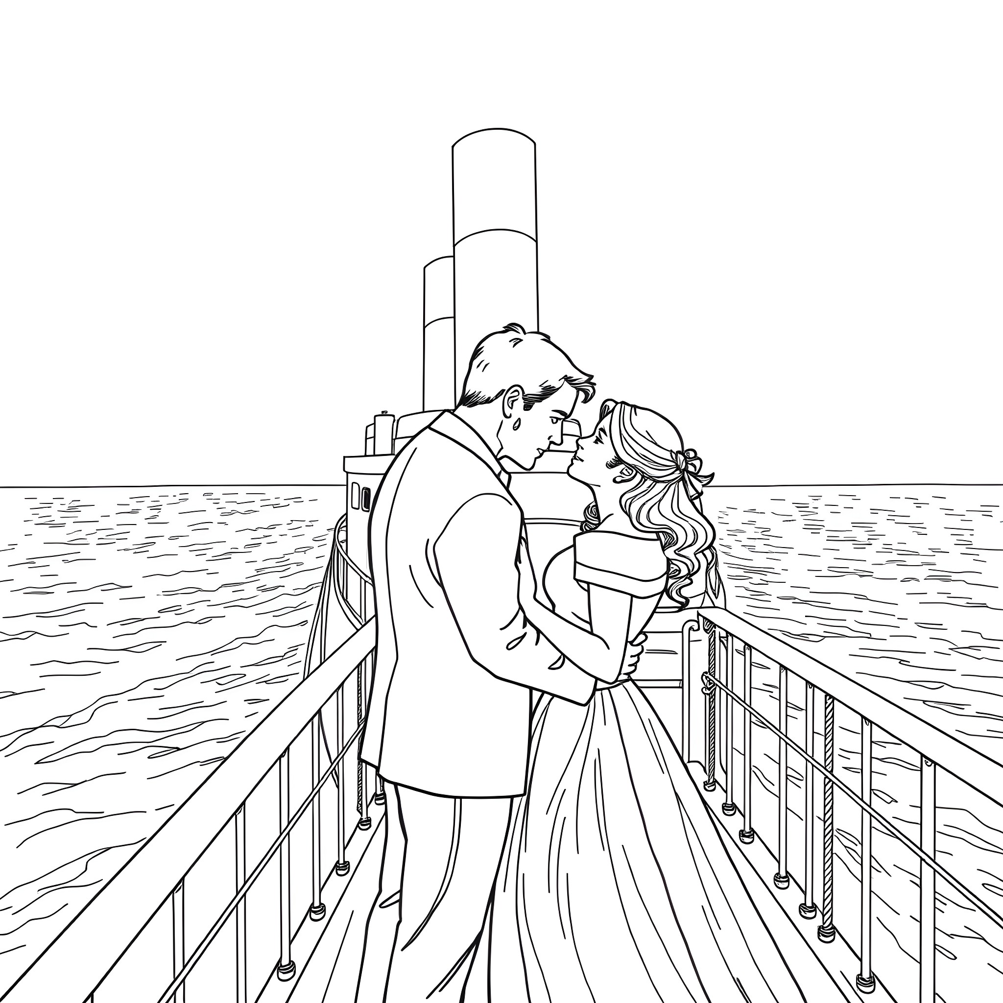 Jack and Rose on the Titanic ship's deck Coloring Page (free black-and-white line drawing printable PDF for all, from beginners to advanced learners, including children, teens, adults, and seniors)
