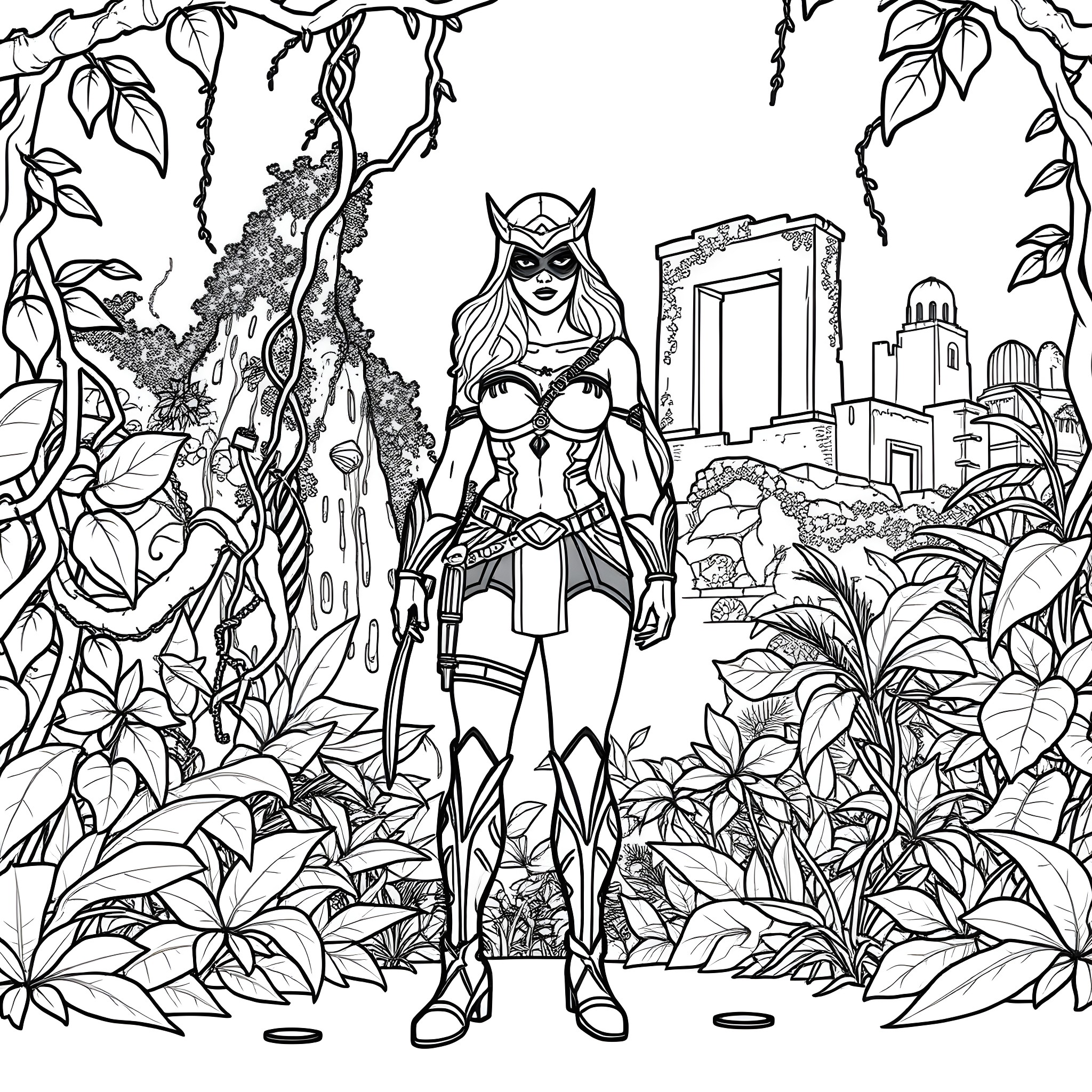 Amazon Warrior Heroine in Lush Jungle Environment Coloring Page (free black-and-white line drawing printable PDF for all, from beginners to advanced learners, including children, teens, adults, and seniors)